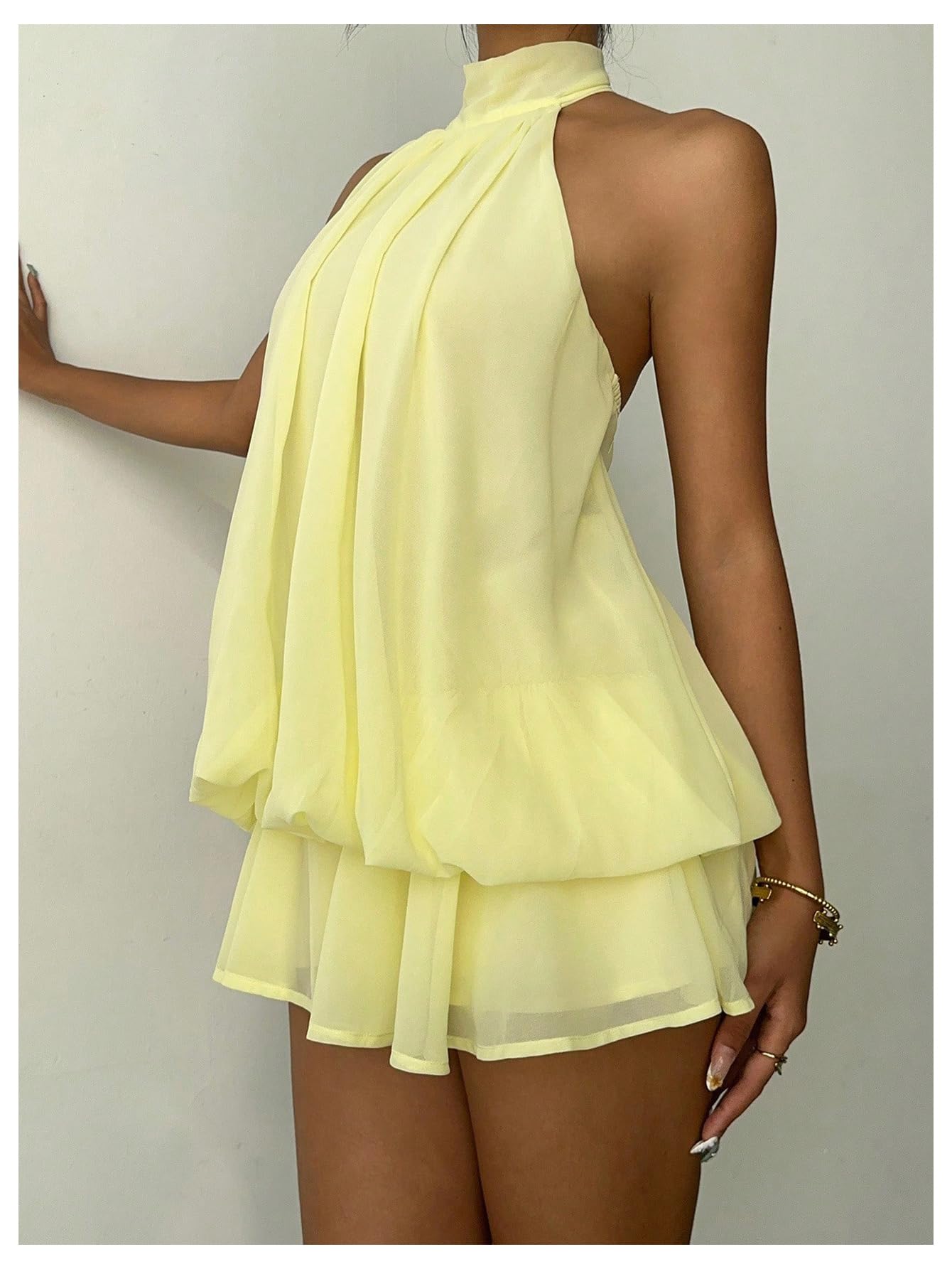 Verdusa Women's Chiffon Halter Drop Waist Wedding Guest Dresses Ruffle Summer Mini Dress Brunch Outfits Butter Yellow X-Small