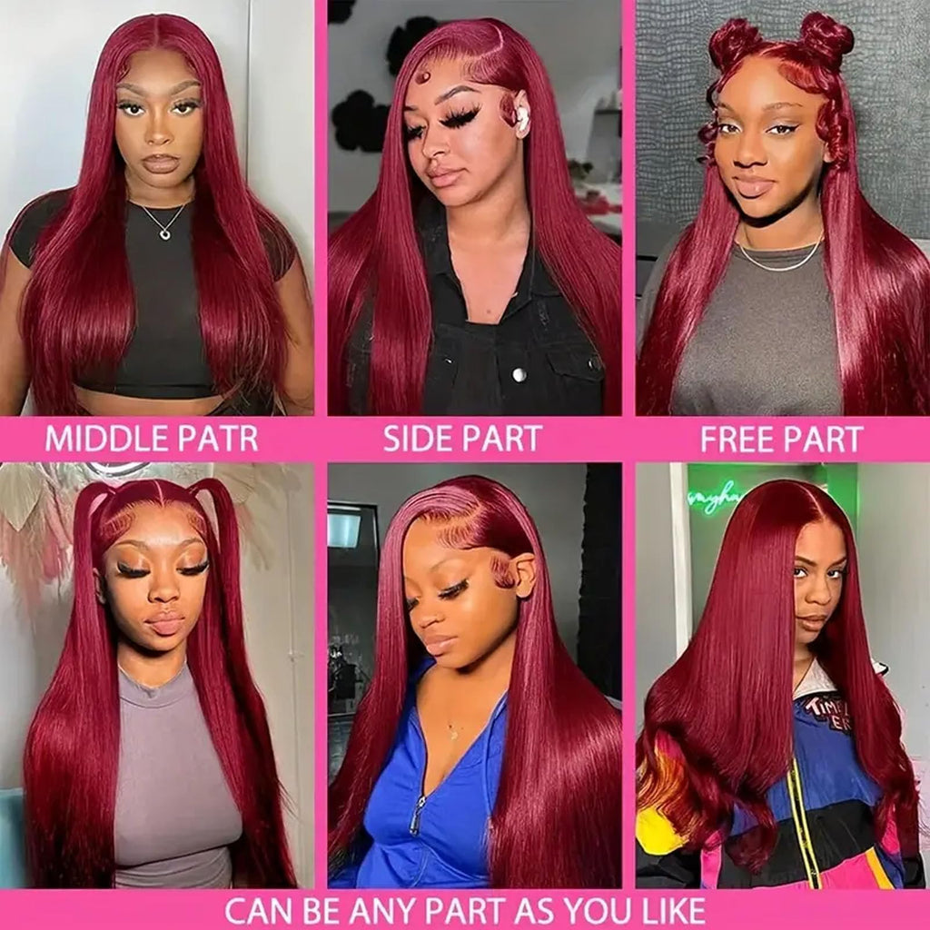 Fiumer Burgundy Wig Human Hair 26inch 13x6 HD Transparent Lace Straight 99J Red Human Hair Wig Colored Reddish Brown Lace Frontal Wigs 180% Density Pre Plucked