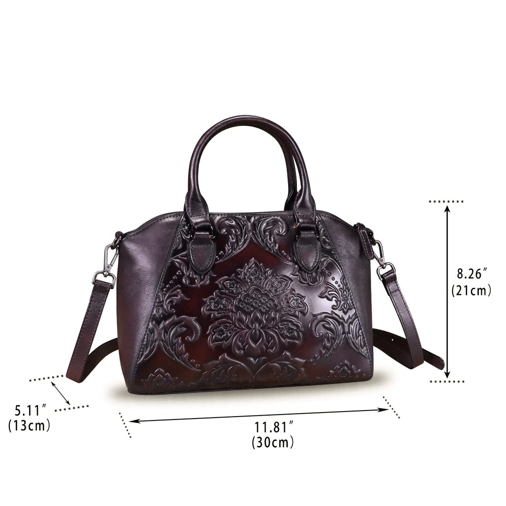 Genuine Leather Satchel for Women Top Handle Bags Handmade Purse Vintage Embossed Leather Crossbody Handbags Hobo Bag (Coffee)
