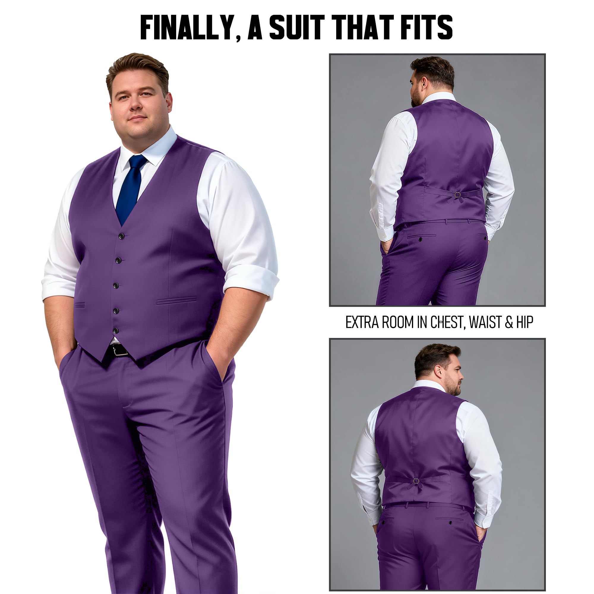 GATMSTZ 3 Piece Suits for Men Big and Tall Regular Fit Blazer Men Tuxedo Suit Set Classic Fit Jacket Vest Pants (Purple 60R)