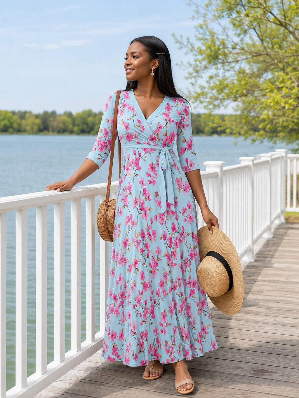 PinkPatty Plus Size Maxi Dress for Women Casual V Neck 3/4 Sleeve Boho Printed Long Dress with Pockets (Floral7 2XL)