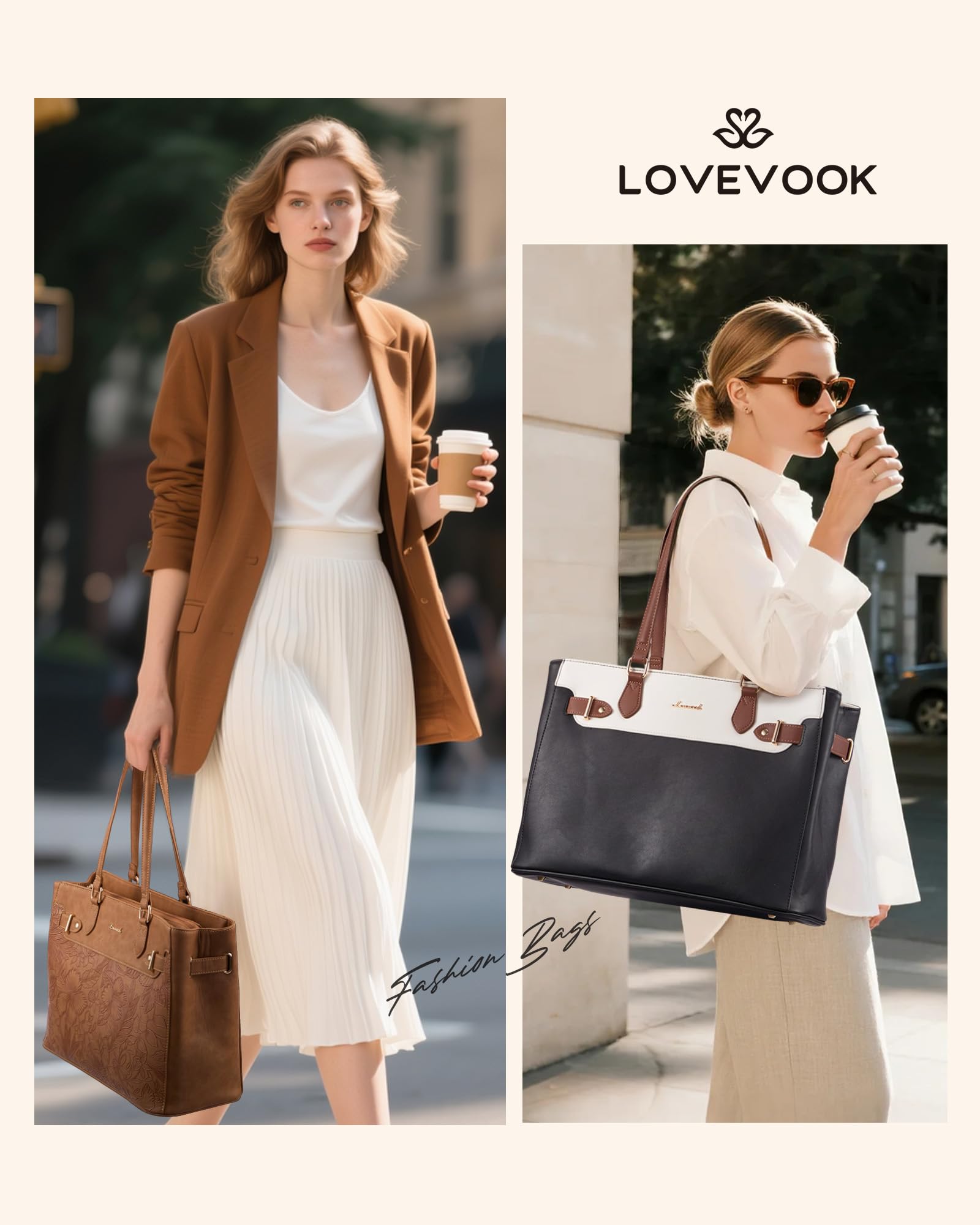 LOVEVOOK Laptop Tote Bag for Women Work, Teacher Tote Bag Nurse Bag with Large Cup Holder, 15.6 Inch Waterproof Leather Computer Bag Professional Business Office Briefcase, Black-beige-brown
