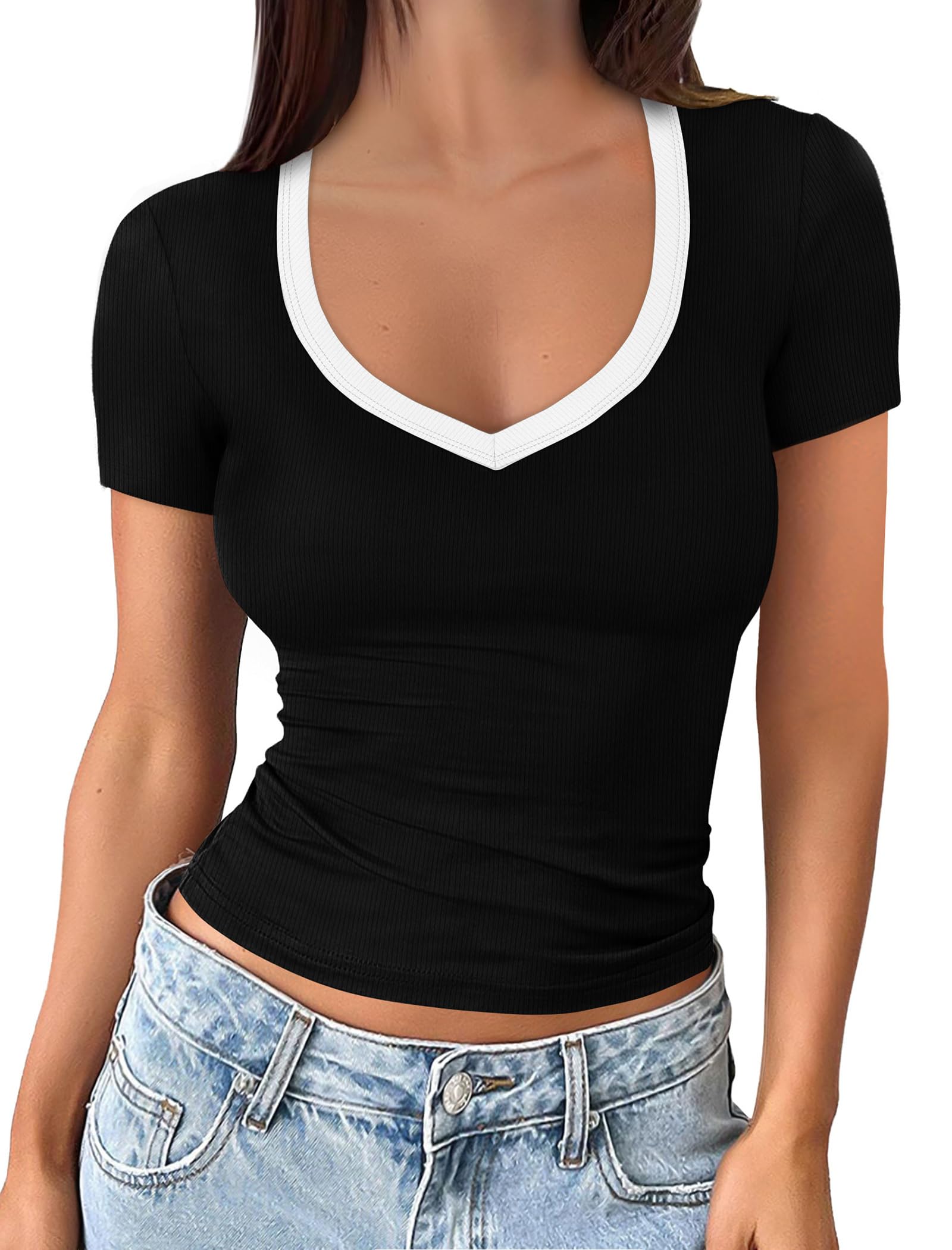 Sampeel Tshirts Shirts for Women V Neck Blck T Shirts Trendy Basic Tees 2026 Compression Shirts Fashion Clothing Spring Tops Business Casual L