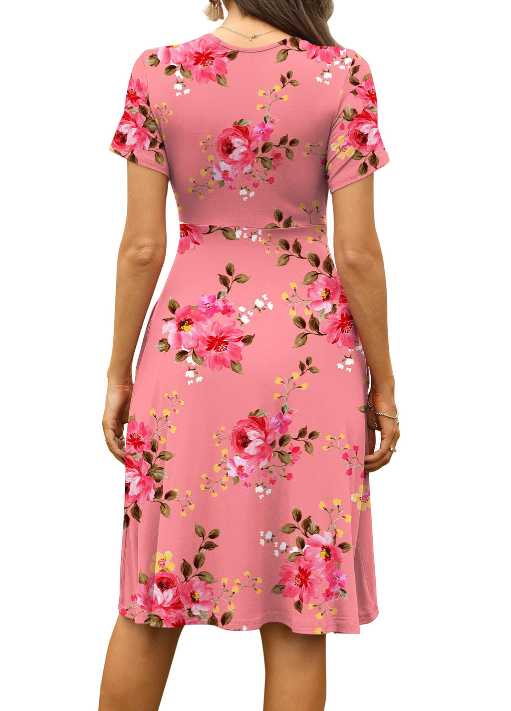 WEACZZY Womens Summer Short Dress Midi Dress Empire Waist Dresses for Women Flowy Dress Floral Sundress with Pockets,Floral Pink,M