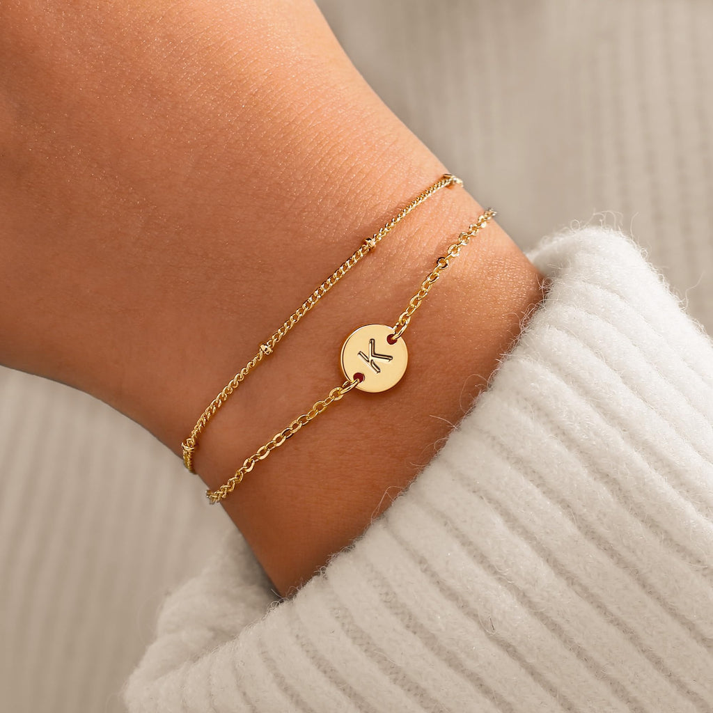 MONOZO Gold Initial Bracelets for Women Birthday Gifts, 18K Gold Plated Layered Letter Initial Bracelet Jewelry Dainty Disc Letter K Initial Charm Bracelets for Women Birthday Jewelry Gifts