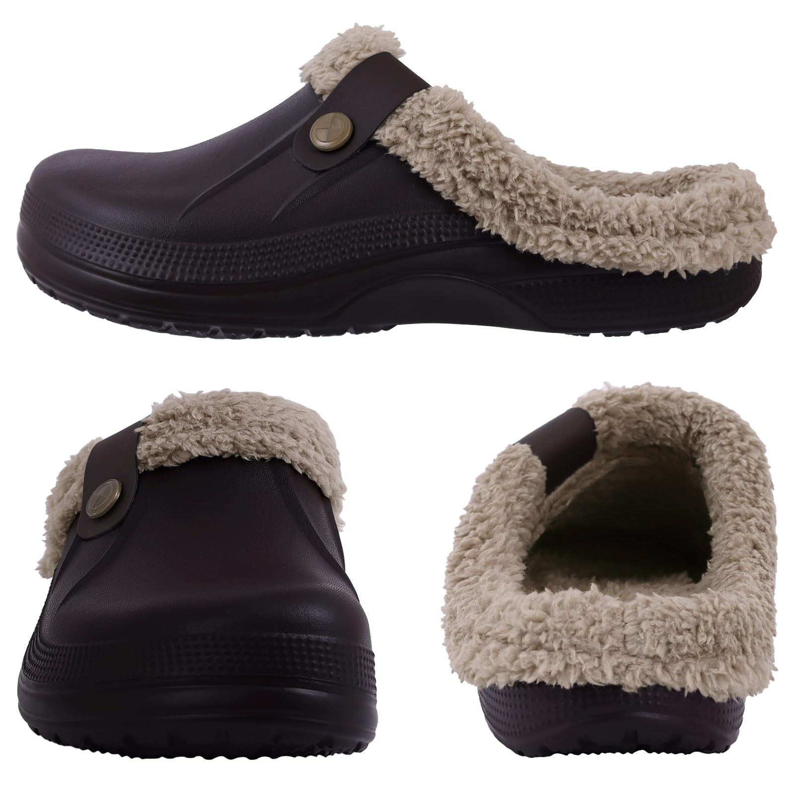 Beslip Classic Fur Lined Clogs Waterproof Winter Fuzzy Slippers for Women Men Indoor and Outdoor Indoor and Outdoor, Walnut Women Szie 12-13