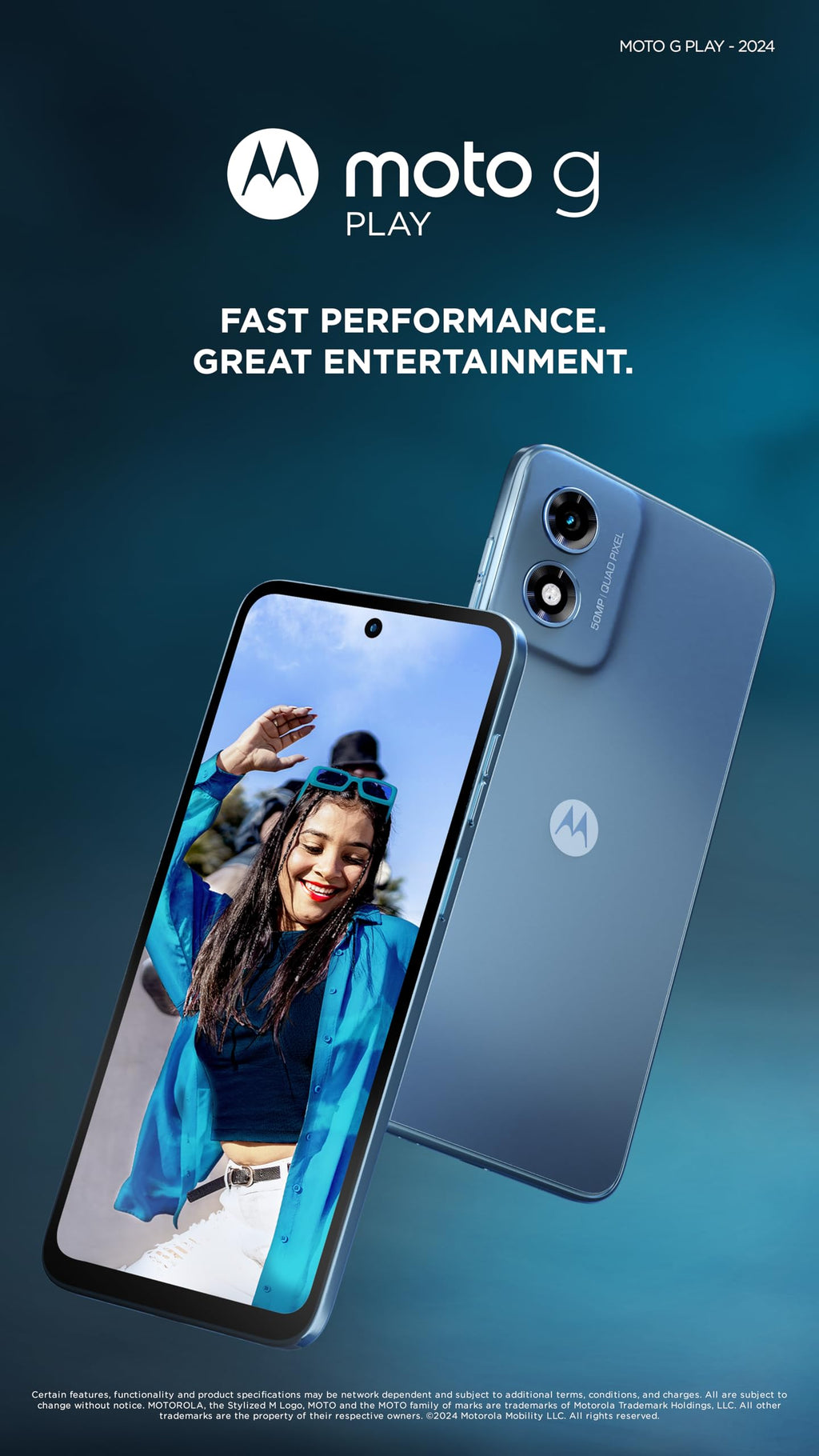 Verizon Prepaid Motorola moto g Play 2024, 64GB, Sapphire Blue - Prepaid Smartphone, 6.5" 90Hz HD+ Display, 50MP Camera System, Long-Lasting 5000mAh Battery - Locked - NOT COMPATIBLE WITH VZ POST PAID
