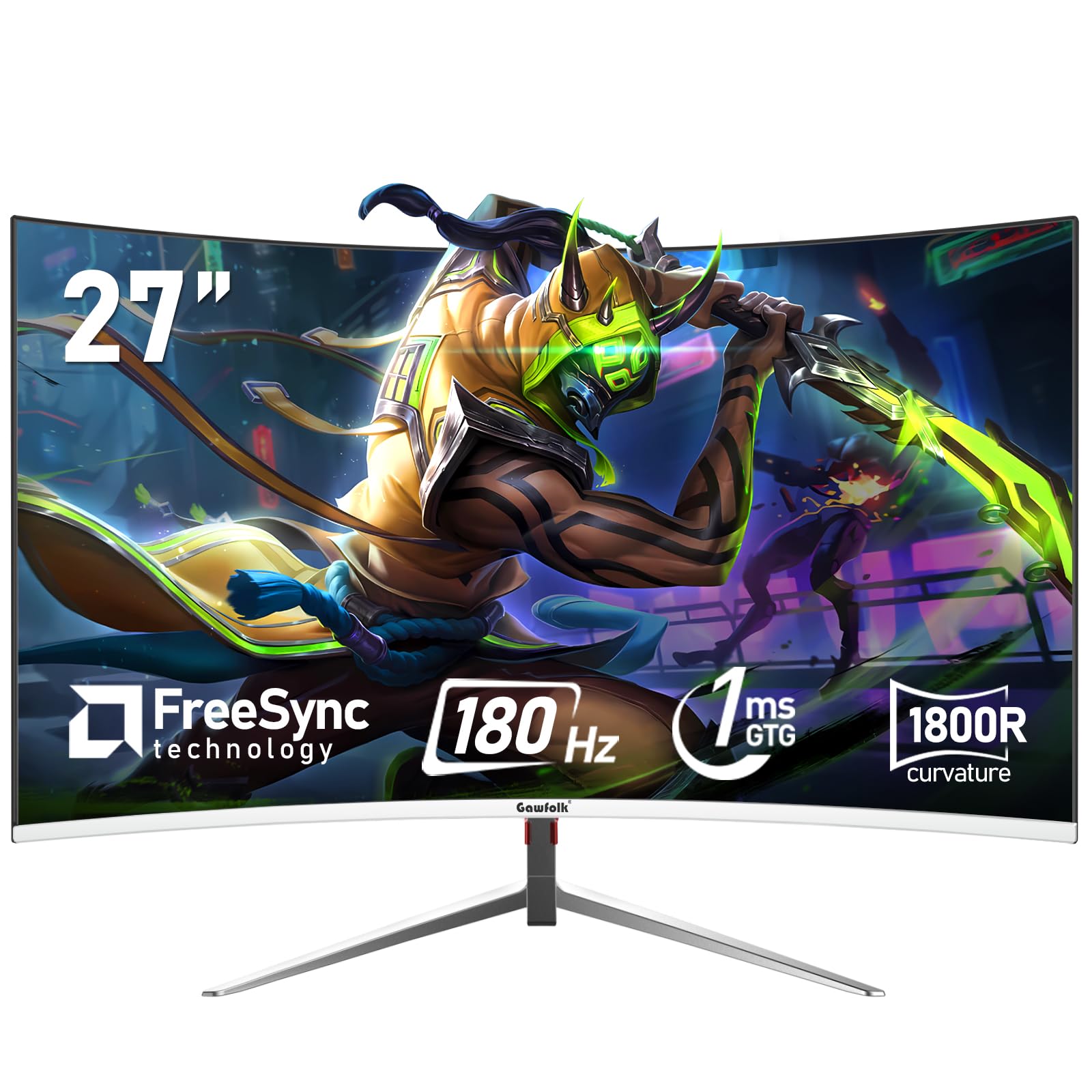 Gawfolk 27 Inch PC Computer Screen,1800R Curved Gaming 180Hz Monitors, FHD1080p 1ms Without Bezel, freesync, 98% sRGB,178 ° Angle View HDMI DisplayPort, Compatible with Wall-Mounted100*100MM-White