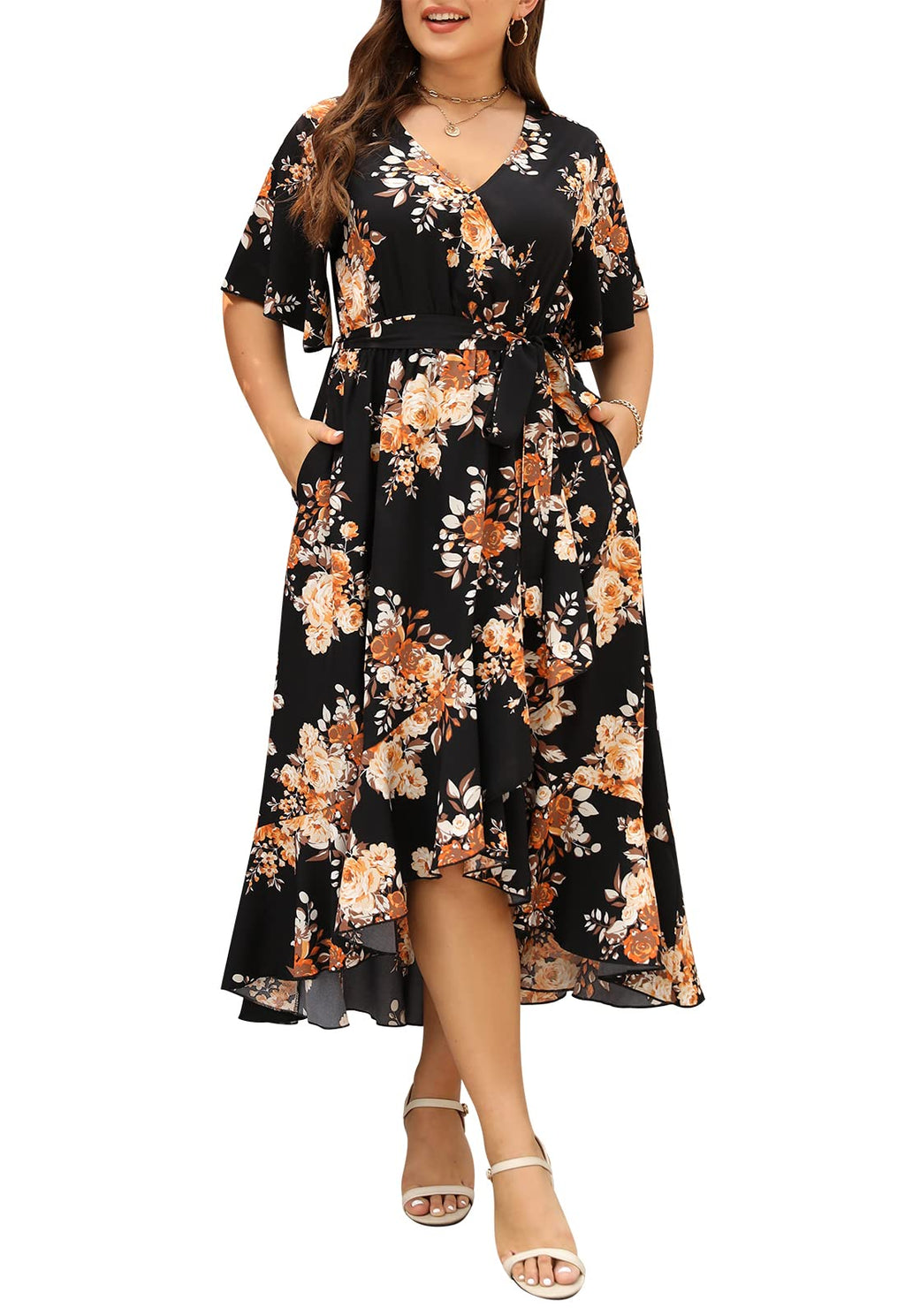 Keluummi Plus Size Maxi Dress for Women Floral Empire Waist V-Neck 3/4 Sleeve with Pockets(18 Plus, 01 - Black Floral)