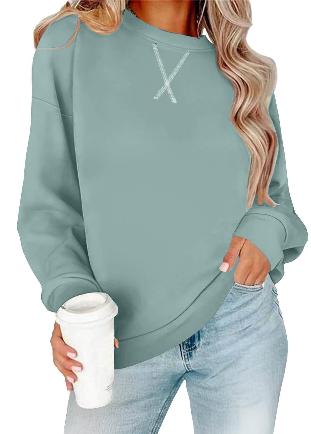 RUMIA Sweatshirt for Women Crewneck Sweaters Pullover Tops 2025 Fashion Outfits Tops for Women Winter Clothing Fall Clothes Blue Large