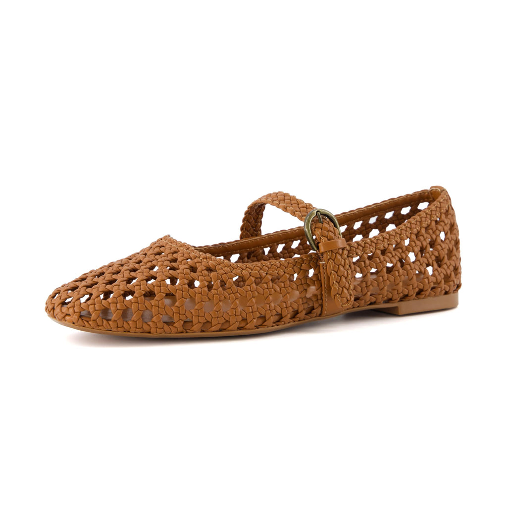 CUSHIONAIRE Weston Hand Woven Mary Jane Flats for Women, Comfortable Dressy Ballet Flats with Braided Adjustable Buckle and Memory Foam Cushioning, Cognac 8.5