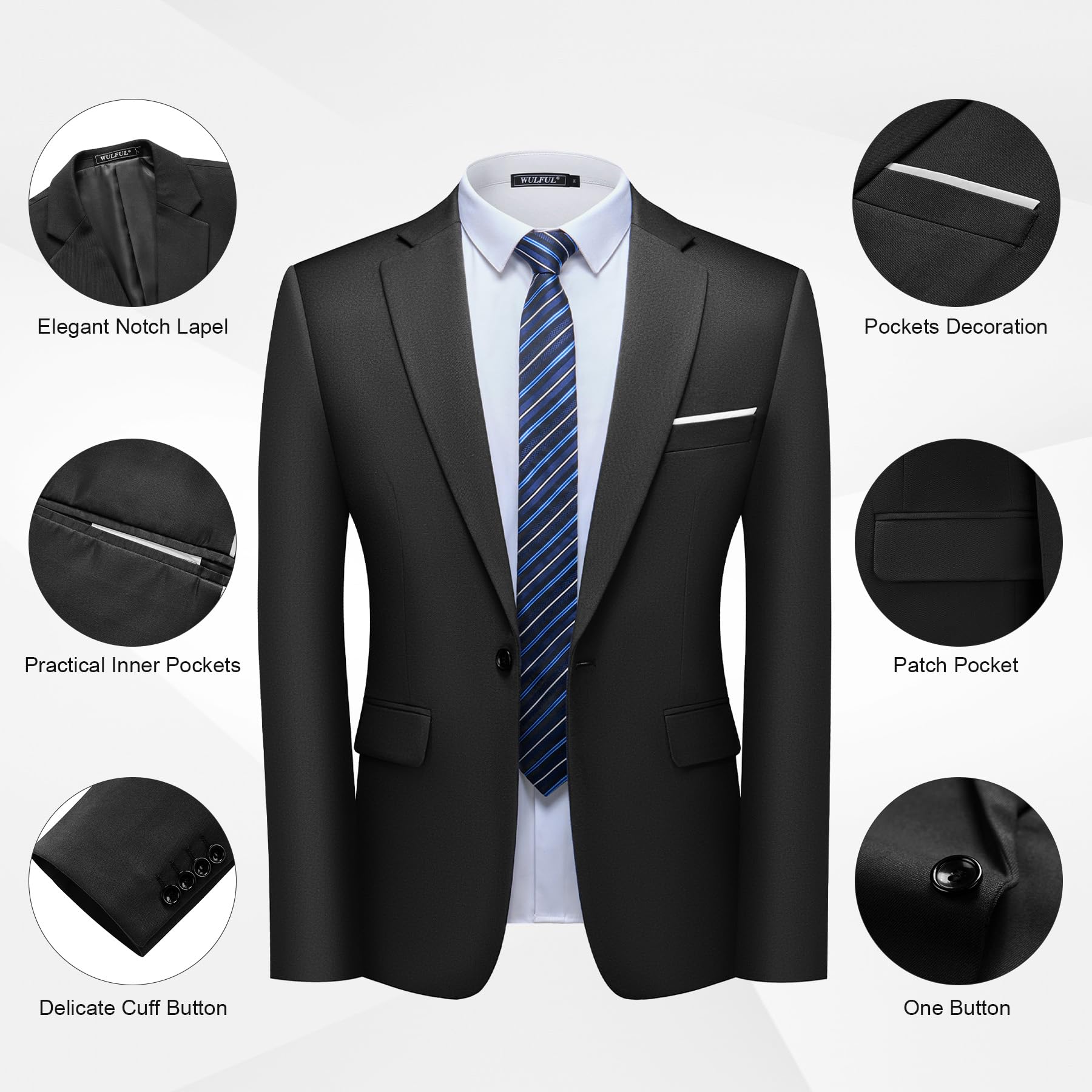 WULFUL Men's 2 Piece Slim Fit Suit Set One Button Blazer Jacket Pants Tuxedo Set for Party, Wedding and Business Black