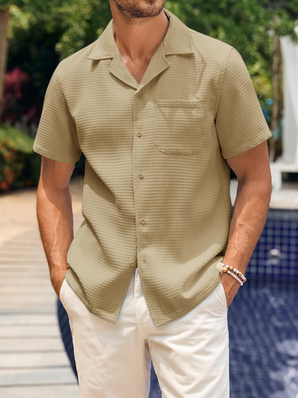 Mens Waffle Button Down Shirt Short Sleeve Loose Fit Cuban Summer Beach Plain Tops Khaki