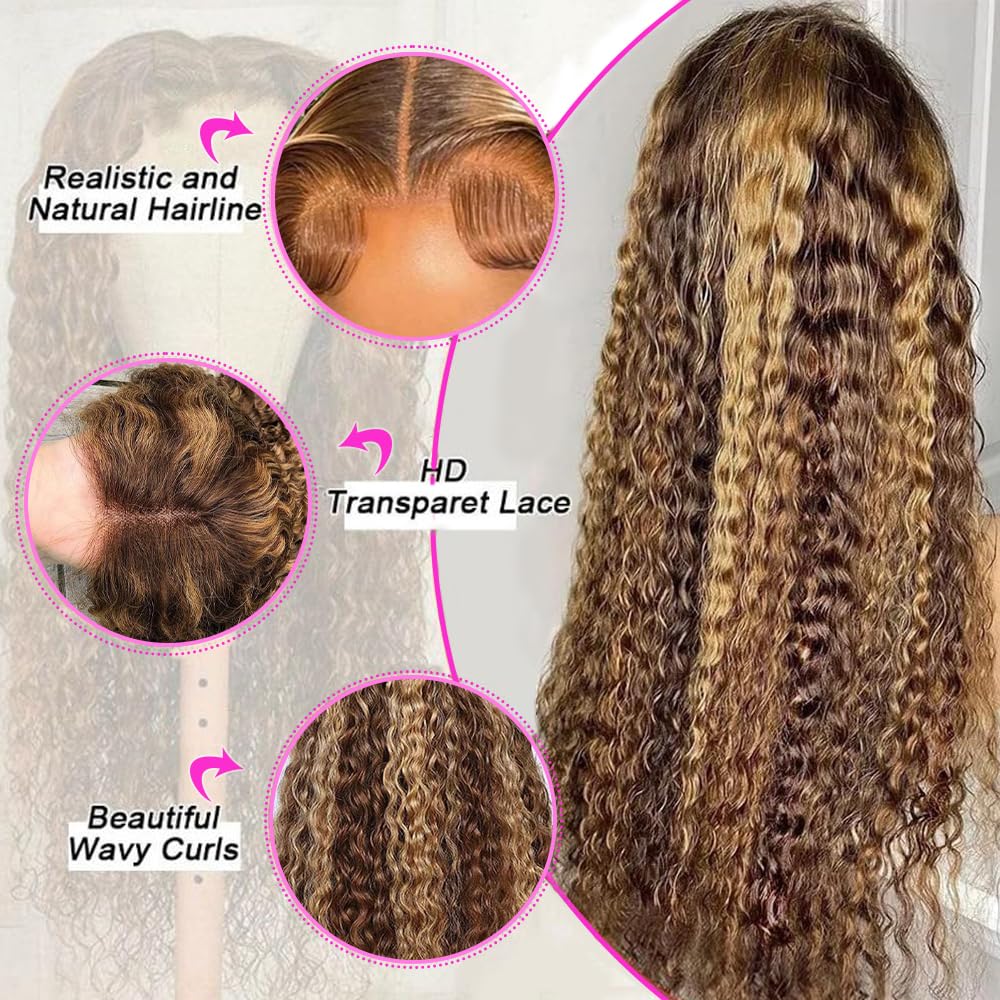 Tylokra 30inch Highlight Ombre Lace Front Wig Human Hair 13x6 HD Honey Blonde 4/27 Deep Wave Lace Frontal Wigs Glueless Wigs Human Hair