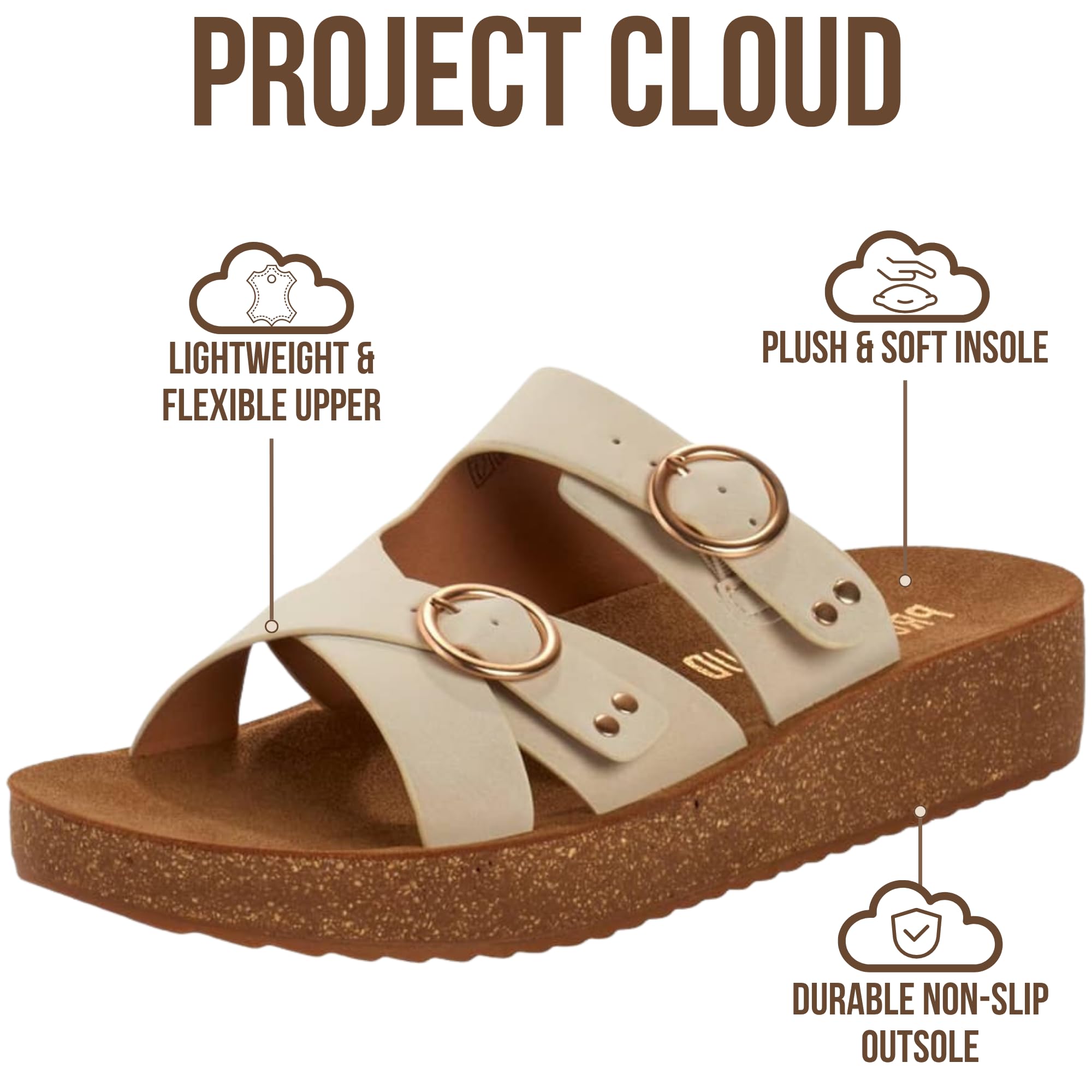 Project Cloud Platform Sandals Women - Eco-Crafted Leather Womens Summer Shoes with Lightweight Adjustable Buckle and Non-Slip Outsole Summer Sandals for Women 2026 (KRISTI,CREAM,6.5M)