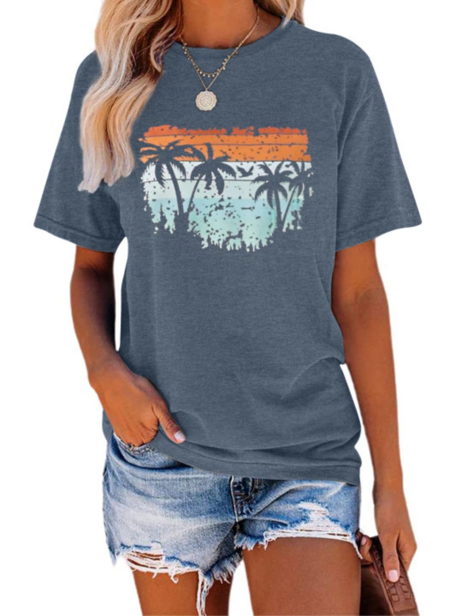 TAKEYAL Graphic Tees for Women Map Count Tree Print Short Sleeve T Shirts Summer Casual Tee Beach Vacation Top (Blue Gray, L)