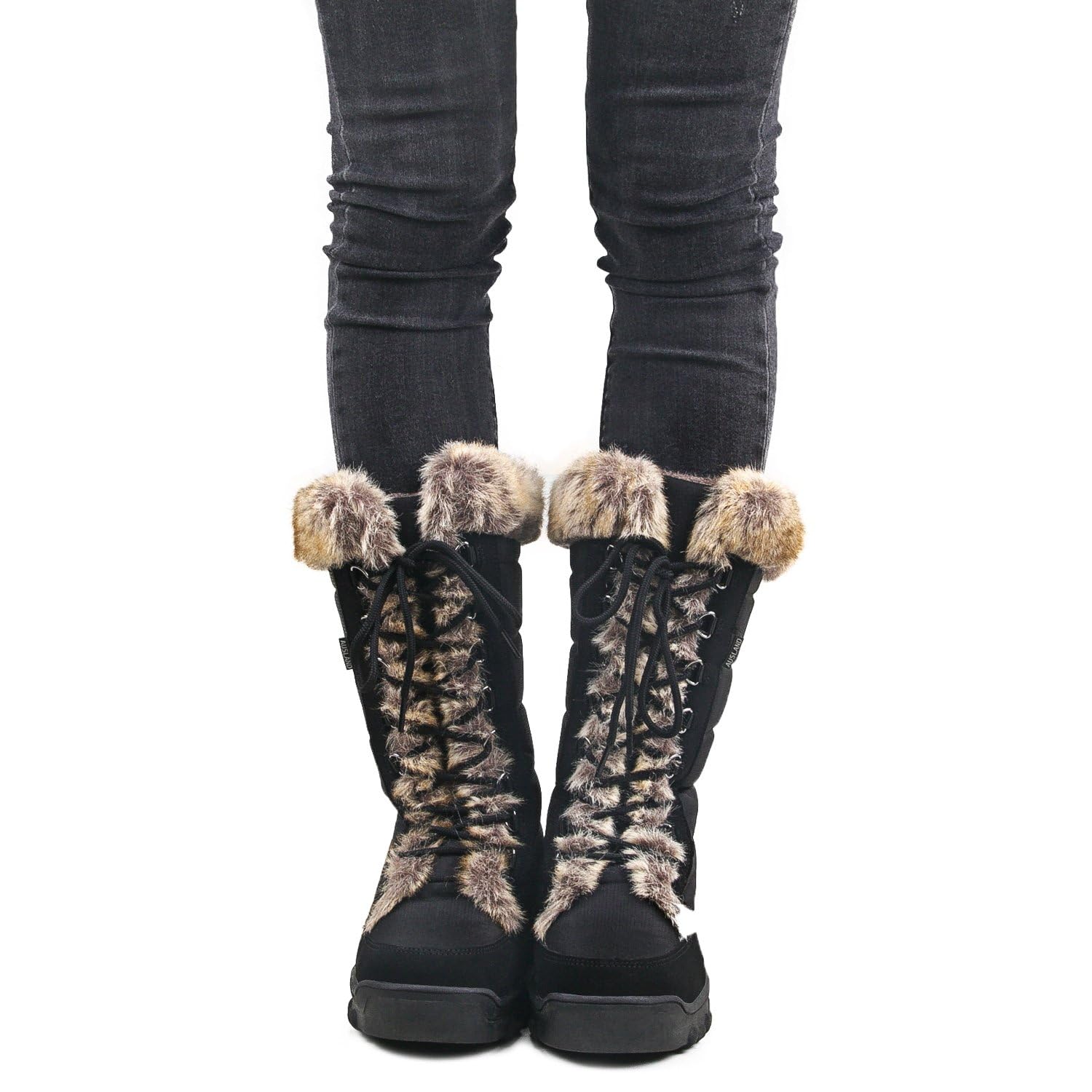 AUSLAND Women's Black Winter Snow Boots Twin Peaks Fur Cuff Mid-Calf Waterproof Lace Up Boots E7623 8US/39EU