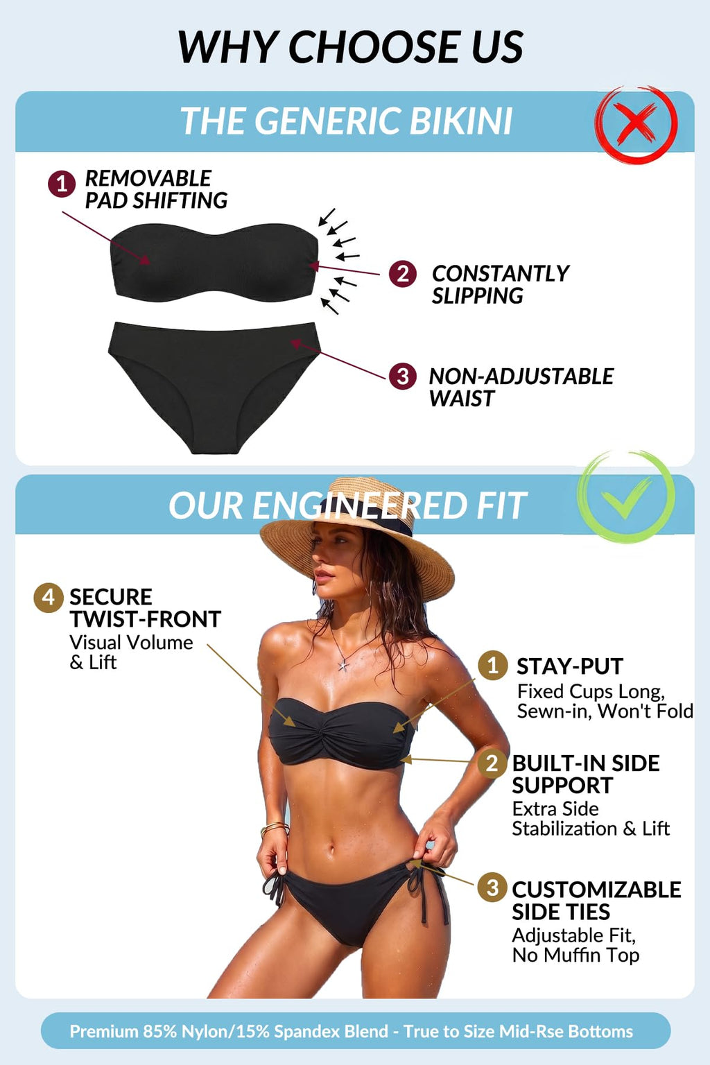 Yonique Women Strapless Bandeau Bikini Set - Tie Side Bathing Suit Full Coverage Swimsuit 2026 Tube Two Piece Swimwear Black M