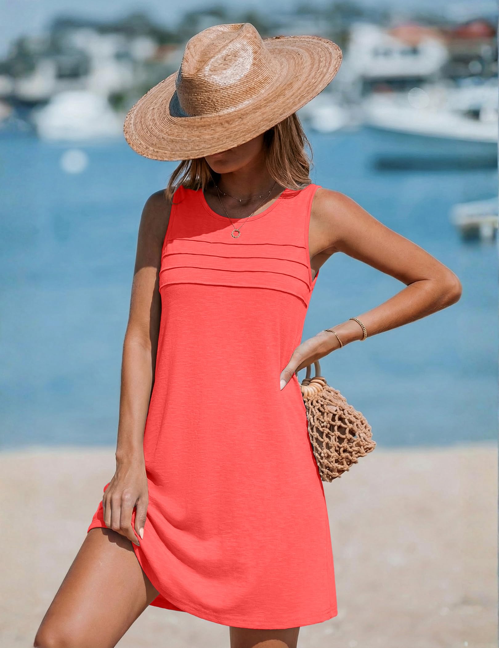 Ekouaer Womens Swimsuit Cover Up Pleated Front Bathing Suit Coverups 2026 Casual Tank Beach Dress with Pockets S-2XL Orange Pink