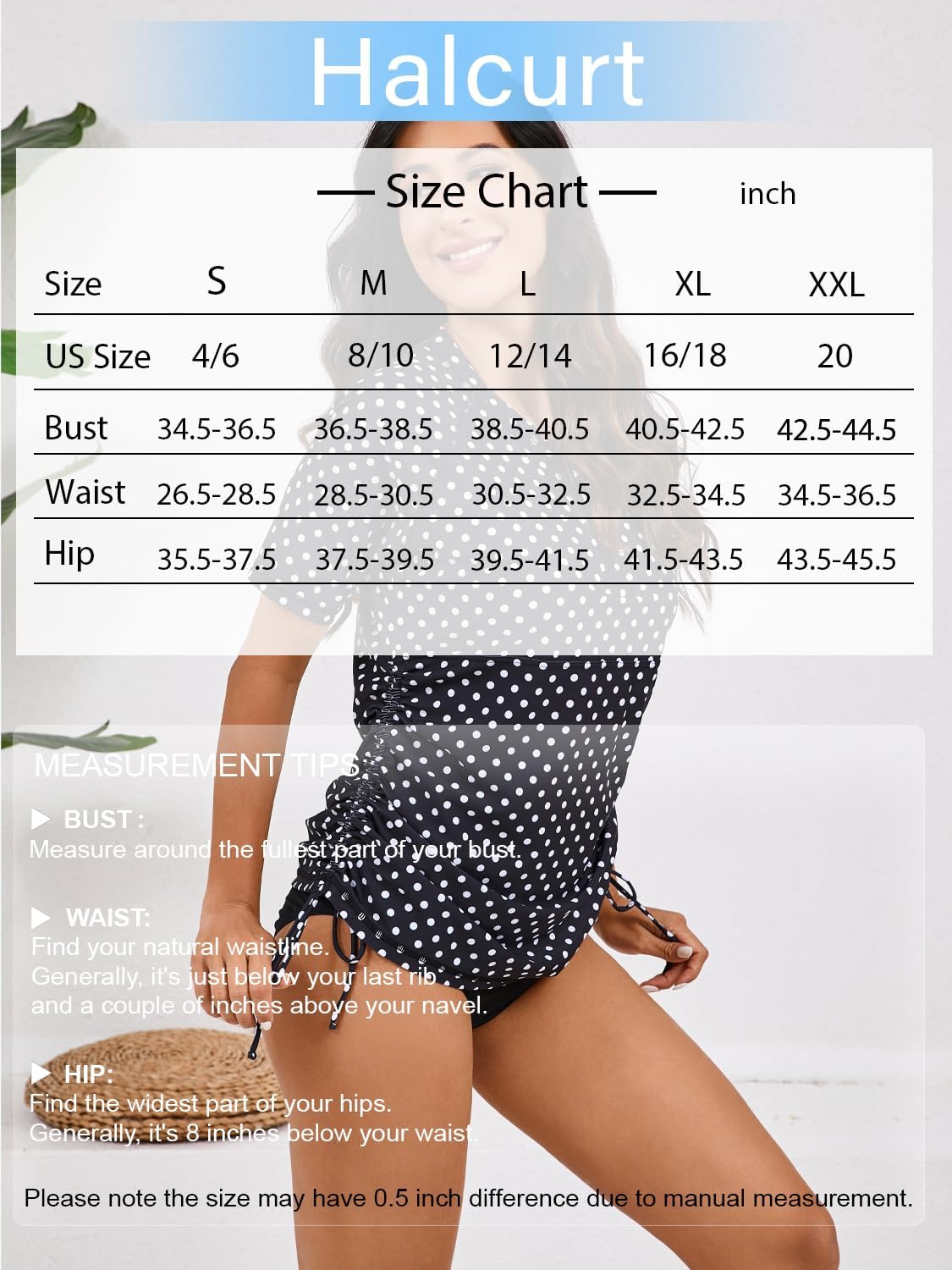 Halcurt Women's Short Sleeve Rash Guard Swim Shirt with Bra Half Zip Tie Drawstring UPF50+ Swimsuit Top Black Palka Dots 2XL