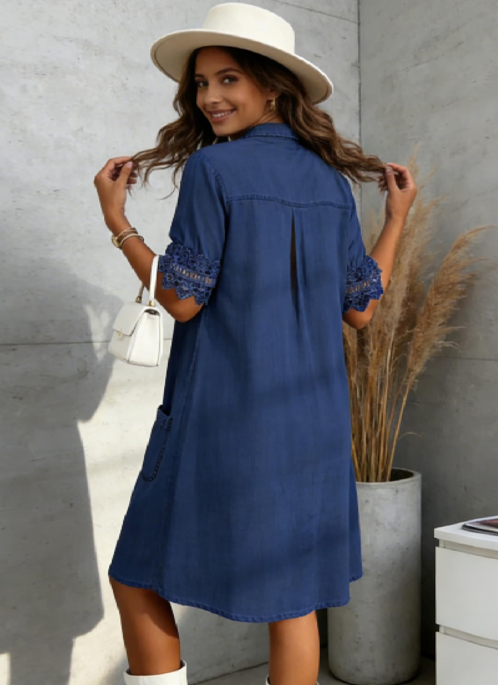 QXE Denim Dress for Women 2026 Summer Casual Lace Trim Half Sleeve Blue Jean Dresses Button Down Shirt Dress Western Outfits