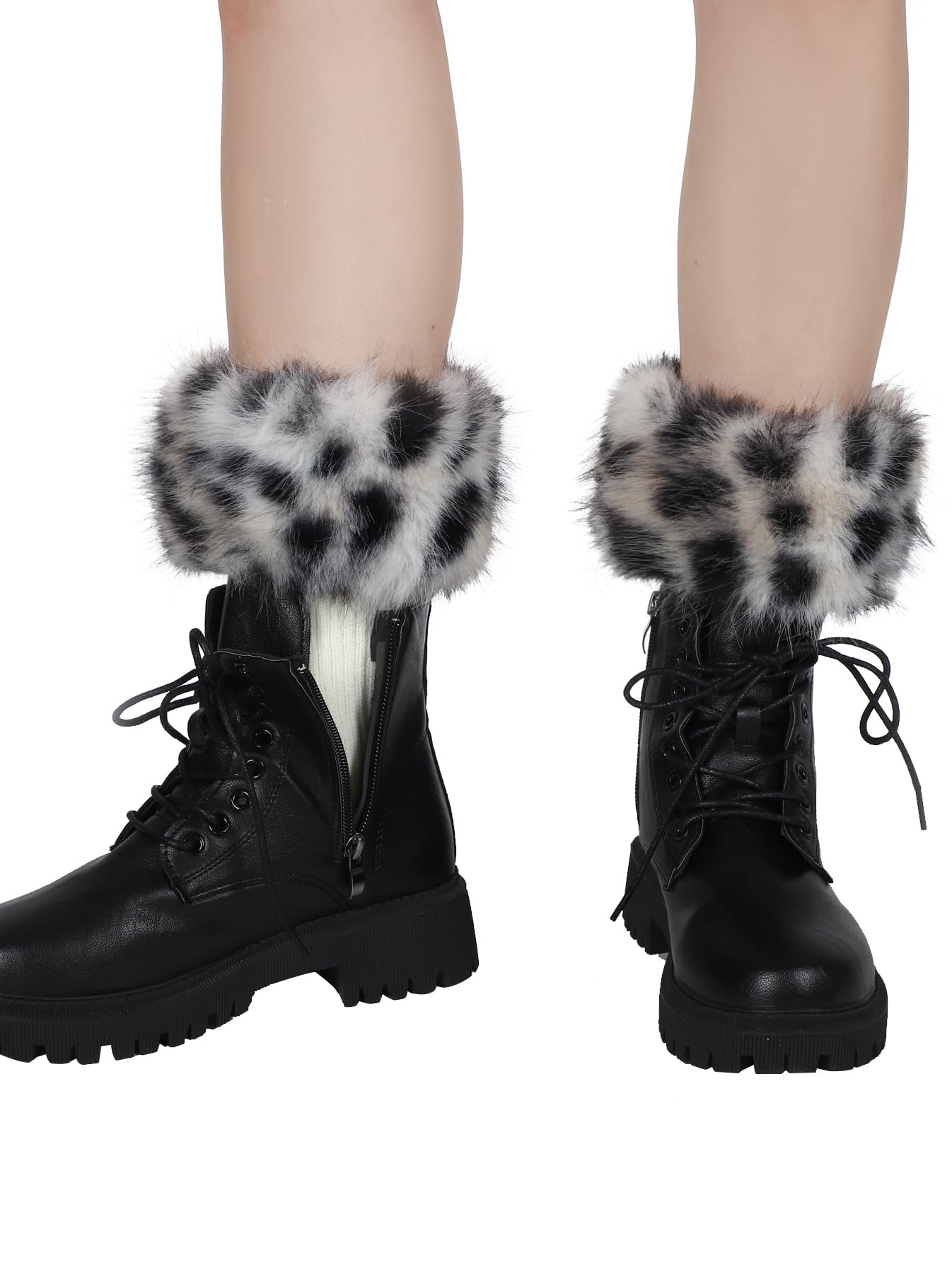 LA CARRIE Women Faux Fur Plush Leg Warmers Short Furry Fuzzy Leg Cuffs Girls Winter Knitted Boot(Black Leopard Printed)