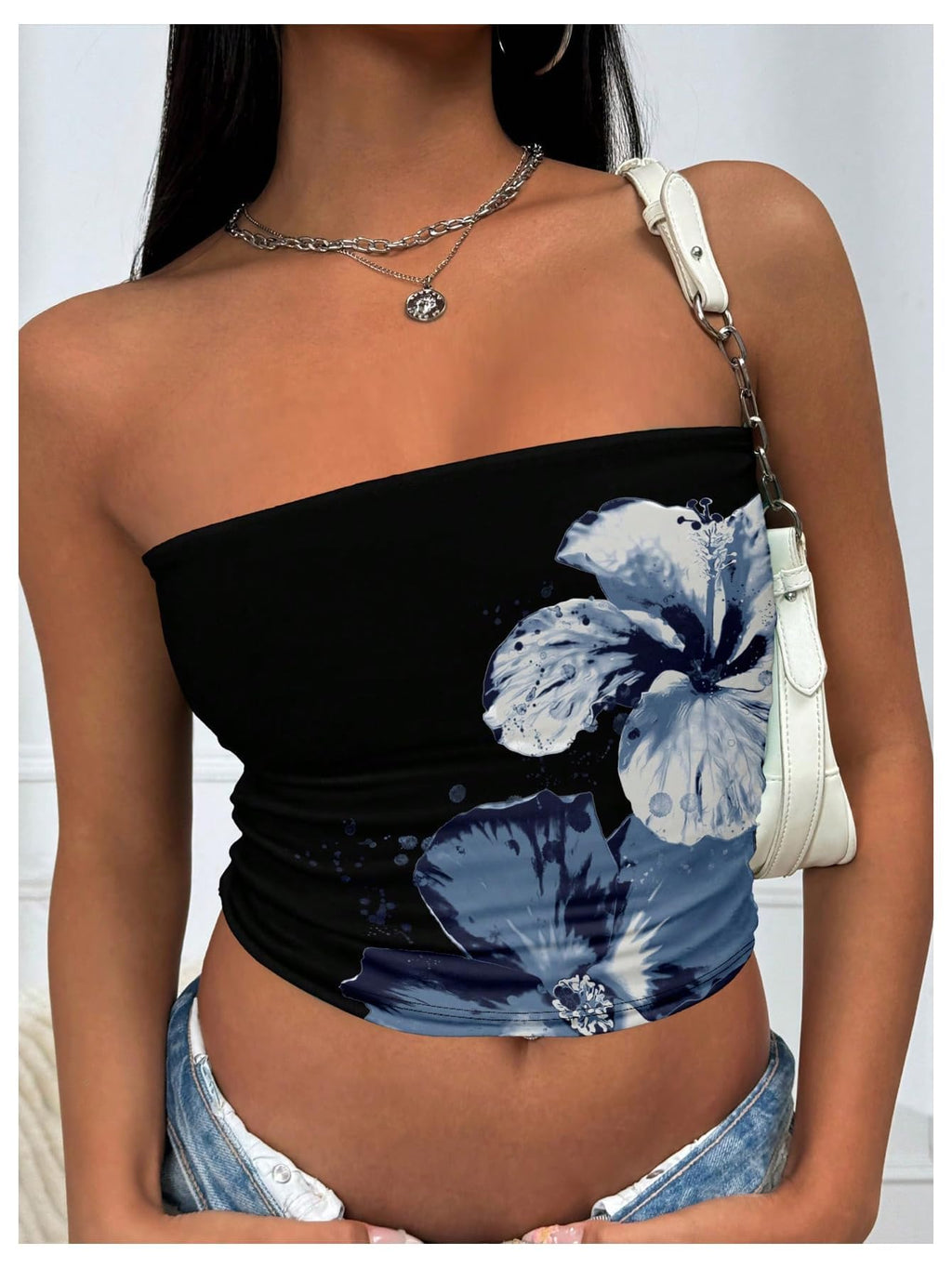 WDIRARA Women's Floral Print Strapless Crop Tube Tops Slim Fit Summer Causal Bandeau Top Black Blue X-Small