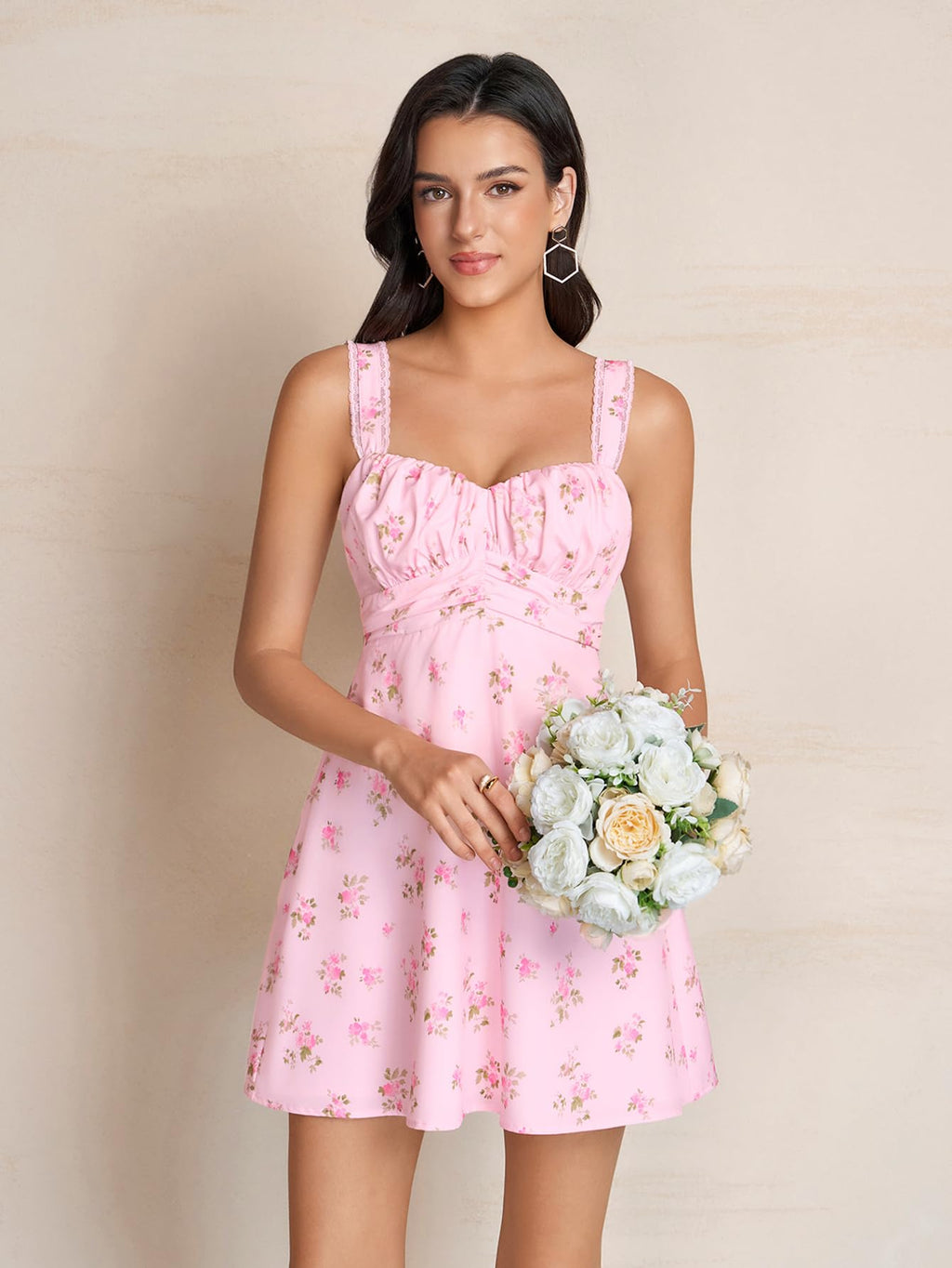 KUTUMAI Cute Bow Tie Mini Dress Lace Floral Corset Short Graduation Dresses for Women 2026 Summer PinkFloral XS