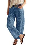 loveimgs Women Boyfriend Baggy Barrel Jeans Floral Print Denim Ankle Pants Wide Leg Mid Rise Jeans Sweatpants Y2k Patchwork (X-Small,Blue)
