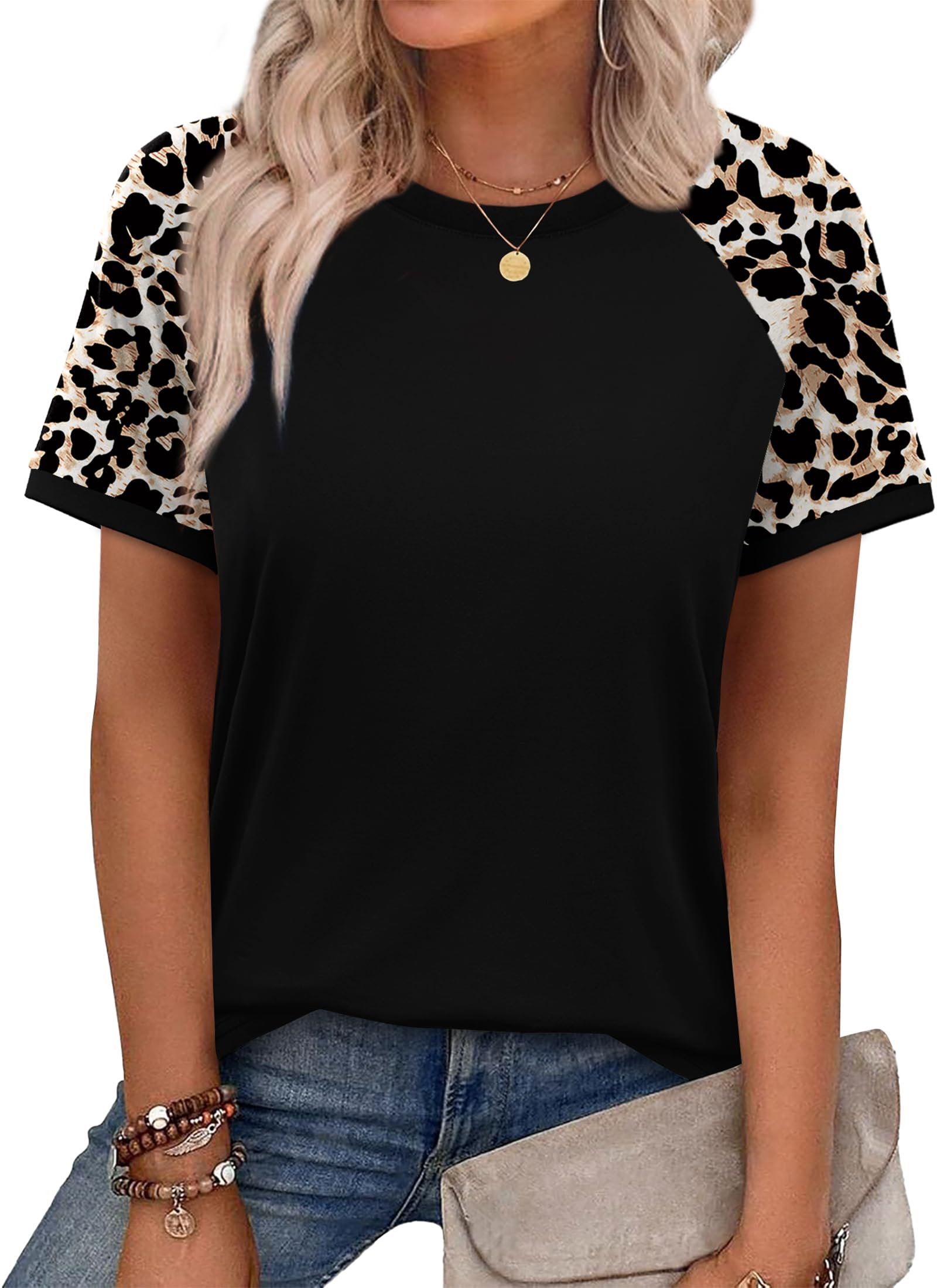 WIHOLL Boho Tops for Women Spring Trendy Summer Vacation Outfit Short Sleeve Shirts Plus Size Fashion Clothing Vintage Cruise Outfits Leopard Print Black XL