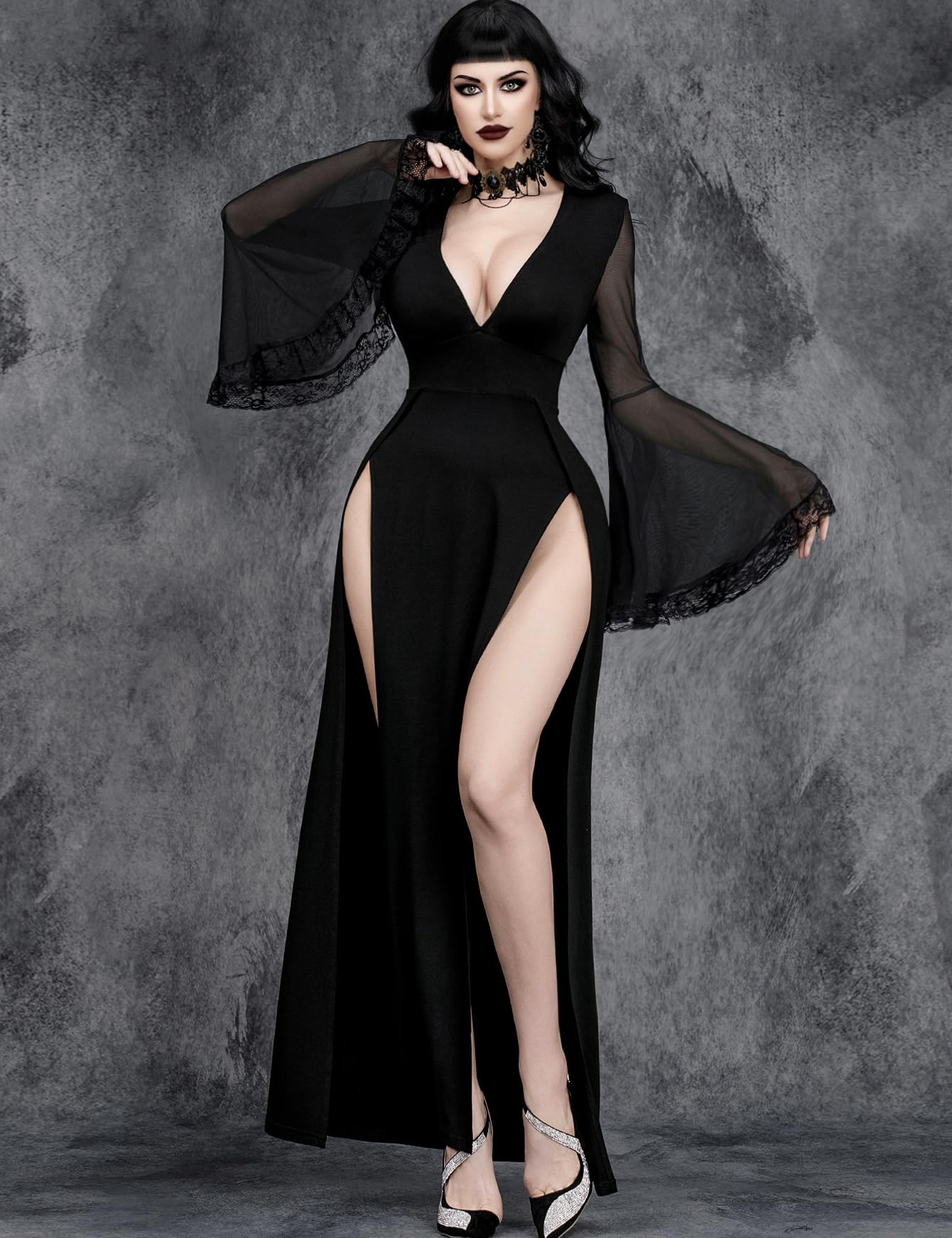 InGoticos Women Gothic V Neck High Slit Witch Sleeve Lace Patchwork Ghost Bridal Goth Dress Without Corset Black