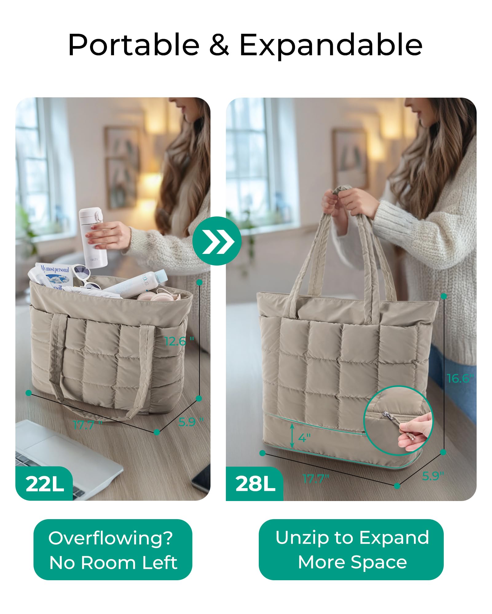 BAGSMART Expandable Tote Bag for Women, Puffer Work Tote Handbag, Quilted Carry On Bag for Travel Gym, Camel, Large