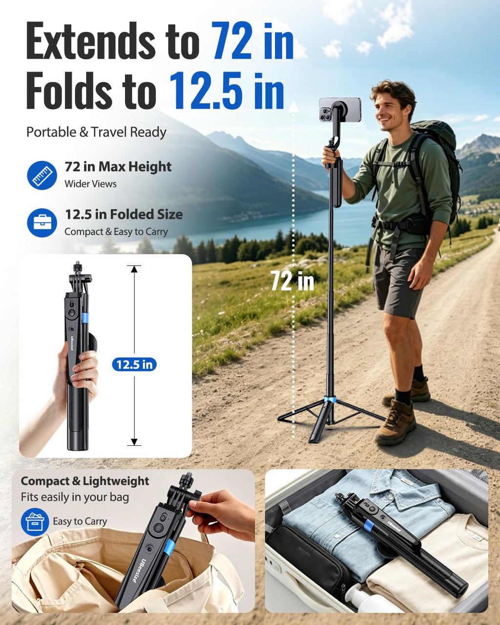 UBeesize 72” Auto Face Tracking Tripod for iPhone, MagSafe Selfie Stick with Remote, 360° Magnetic Phone Stand with Gesture Control for TikTok, Live Stream & Vlogging
