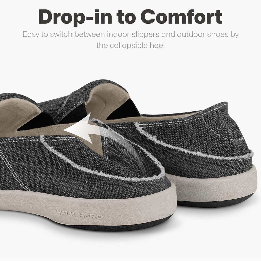 Mens Slip On Shoes, Canvas Mens Loafers with Arch Support, Orthopedic Mens Boat Shoes for Plantar Fasciitis, Indoor & Outdoor Walking Slippers Shoes for Pain Relief (9.5, Black)