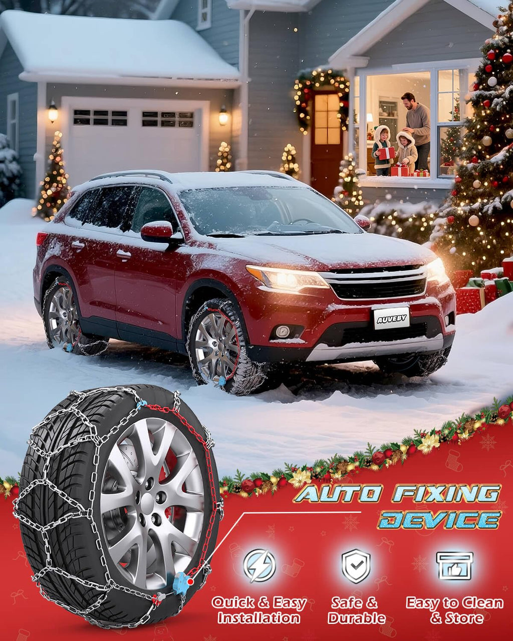Snow-Chains Auto Fixing 1 Min Quick Fit Easy Installation Tire-Chains, Gifts for Safety, Portable Reusable Universal Emergency Tire Traction Chain for Passenger Car and SUV - Set of 2 (XM-130)
