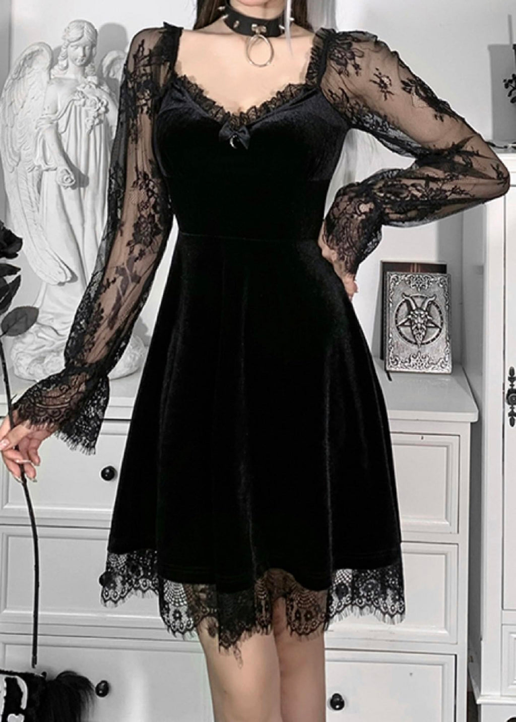 TSMNZMU Women Gothic Velvet Dress - Flared Lace Long Sleeve Midi Dresses - Lolita Fairy Grunge Harajuku Dress Alt Clothes