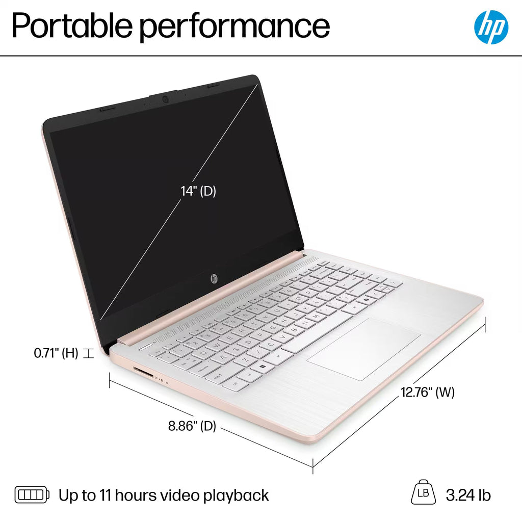 HP 14 Laptop Computer 2025 Ultra Light, AI Copilot Student Business, Quad-Core Intel, 16GB RAM, 628GB Storage (128GB UFS+ 500GB Ext), 1 Yr Office 365, 12 Hr Battery MarxsolAccessory Win 11S, Rose Gold