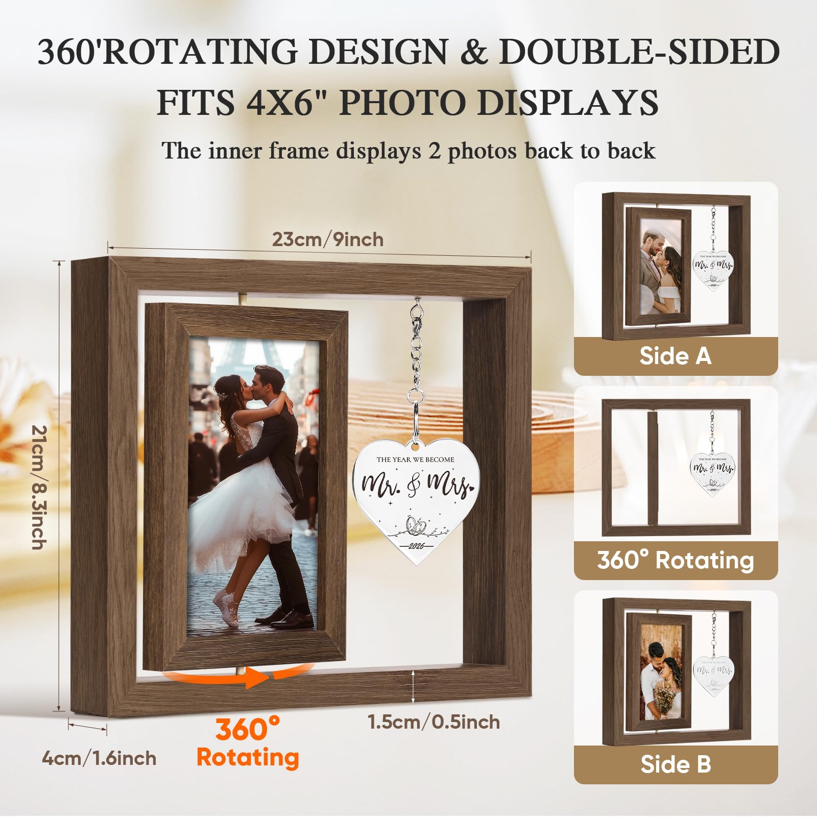 PIKPEOD Rotating Wedding 2026 Picture Frame 4x6 - Bridal Shower & Engagement Gifts for Couples & Newlyweds - Mr & Mrs Personalized Gifts (brown)