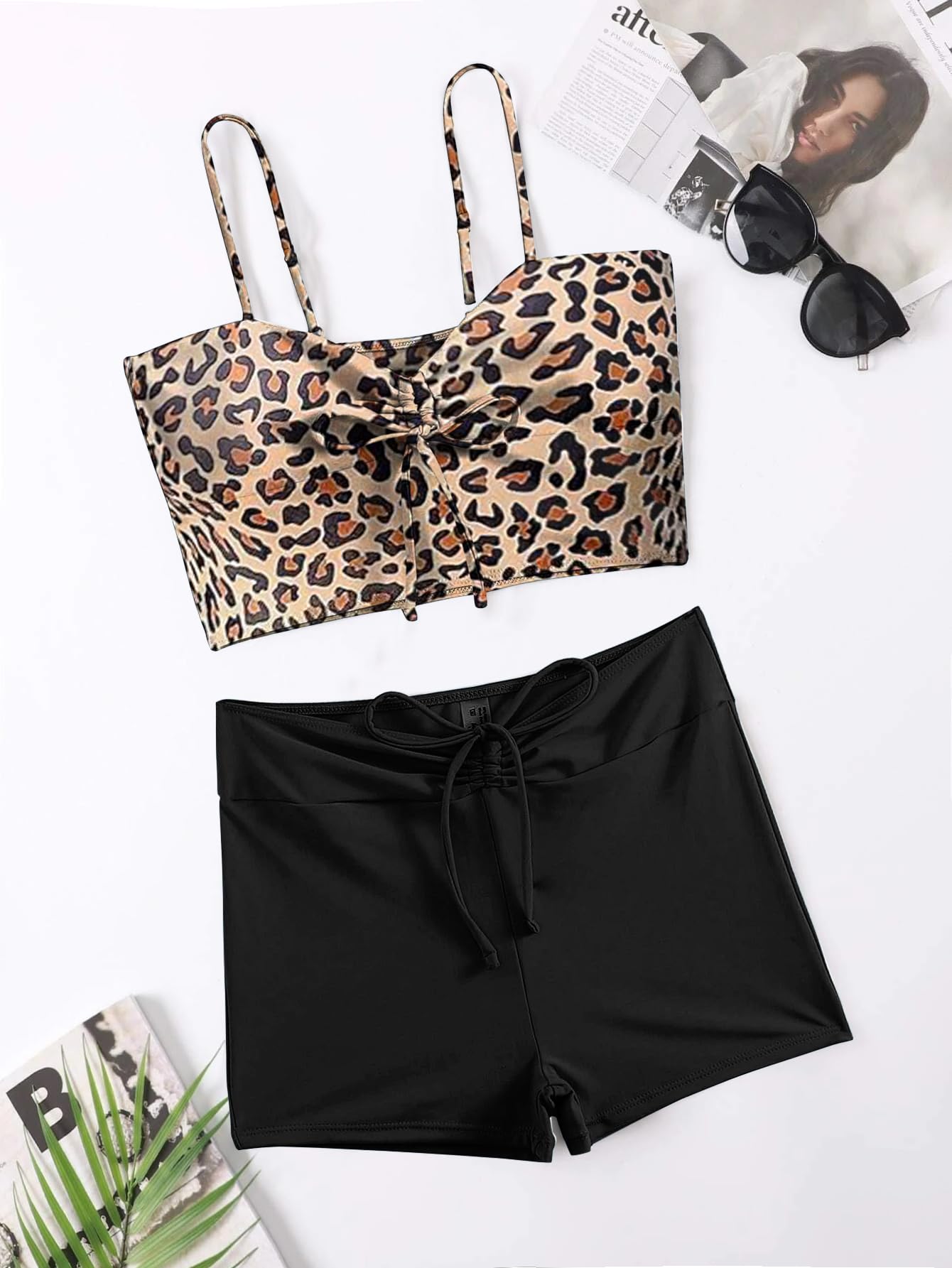Lilosy High Waisted Tummy Control Drawstring Bikini Set String Swimsuit Cami Top and Tie Side Shorts 2 Piece Women Bathing Suit Leopard Small