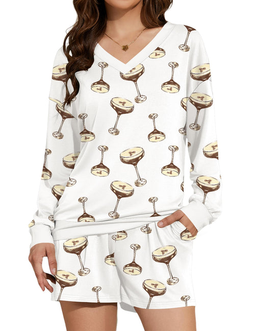 AKEWEI 2 Piece Loungewear for Womens V Neck Long Sleeve Top and Shorts with Pockets Sets Comfy Lounge Pajamas