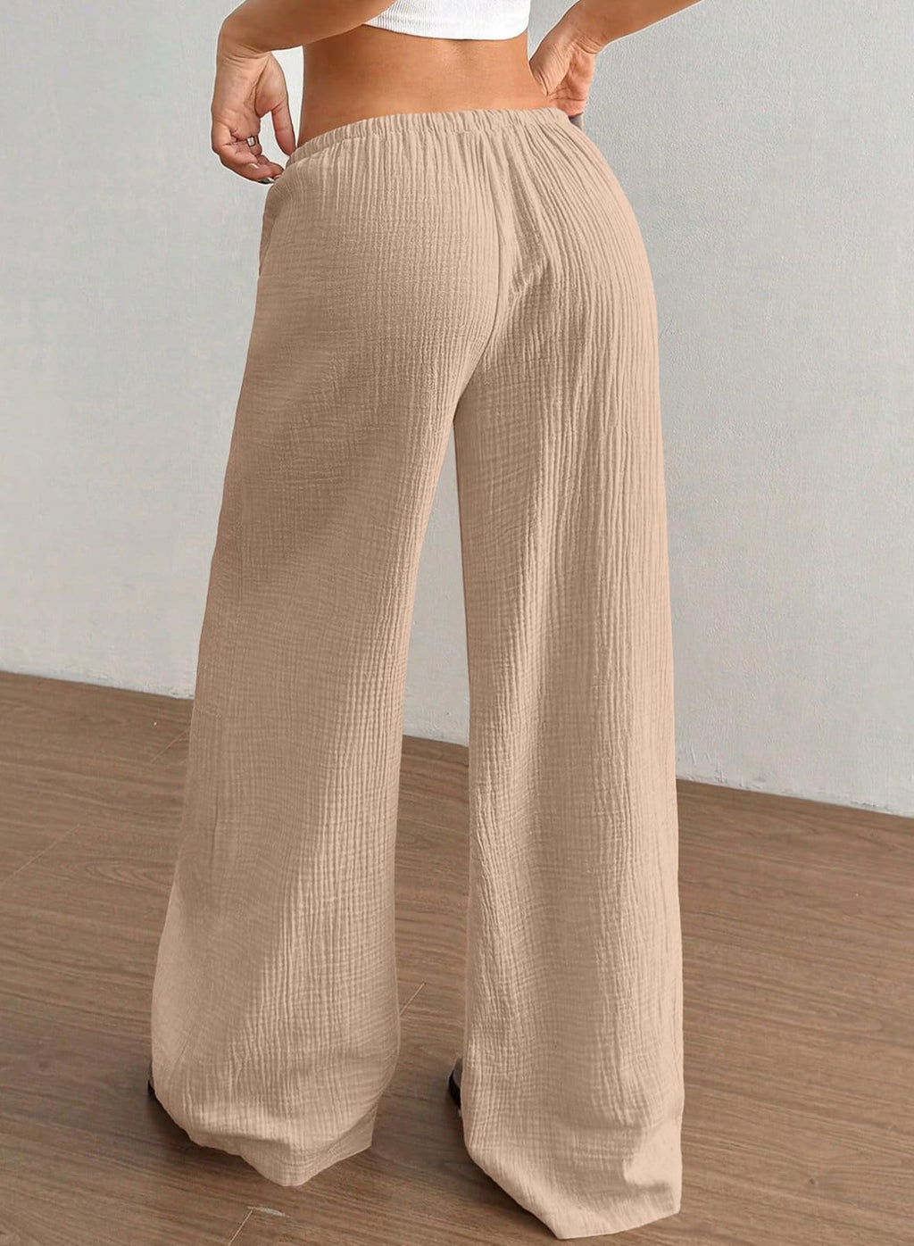 Acelitt Women’s Wide Leg Palazzo Pants Drawstring Elastic Waist Casual Loose Lounge Pants Beach Trousers Teacher Outfits for Women Light French Beige Small