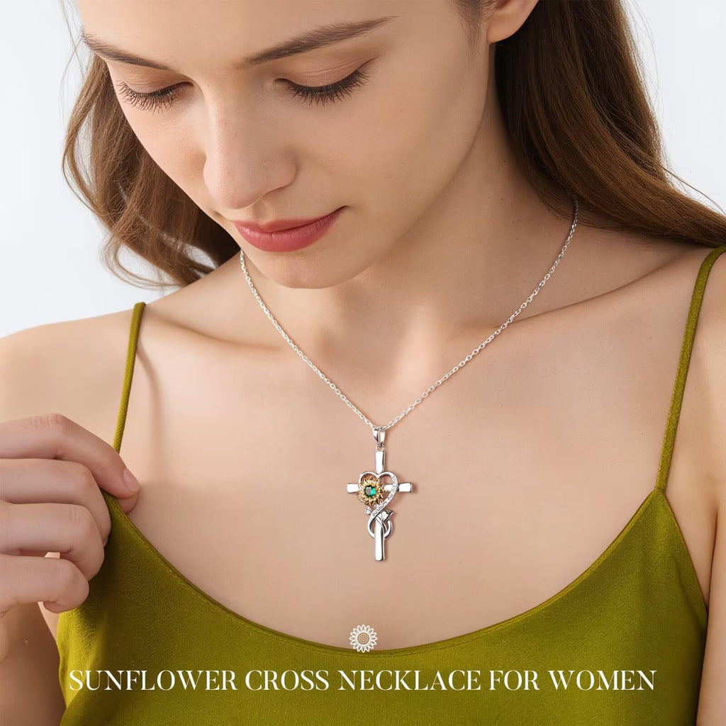 Iefil Mothers Day Gifts for Mom - First Time Mom Gifts | Sunflower Necklace, Simulated Emerald Cross Necklace for Women