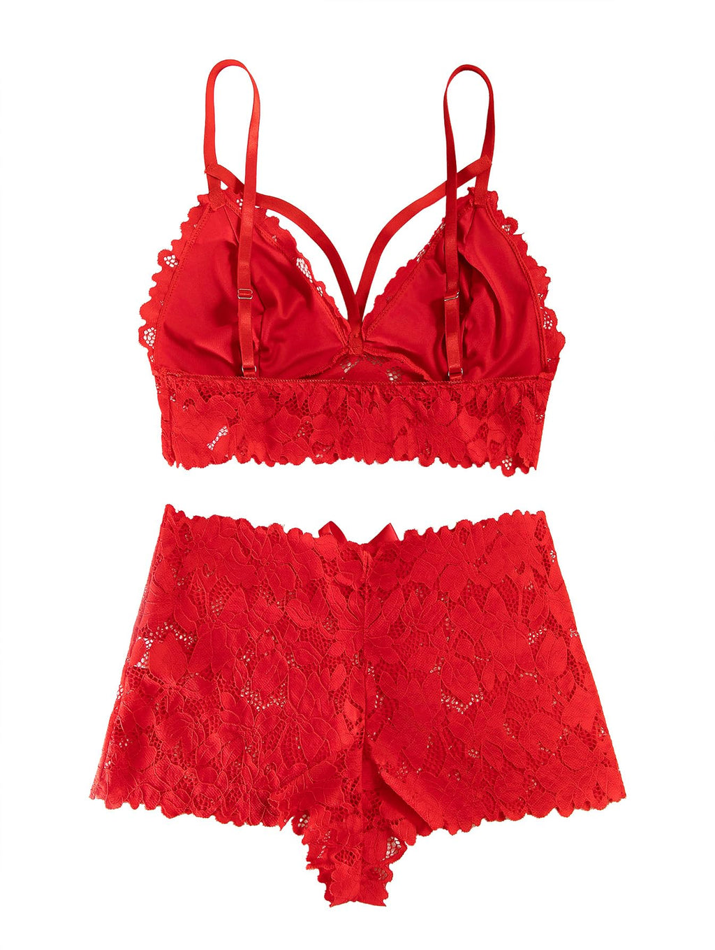 Lilosy Petite Sexy Strappy Harness Women Floral Lace Pajamas Lingerie Set High Waist Sheer Sleepwear See Through Nightwear Bow Ties Cami Shorts Bra and Panty 2 Piece Bright Red 3X-Small