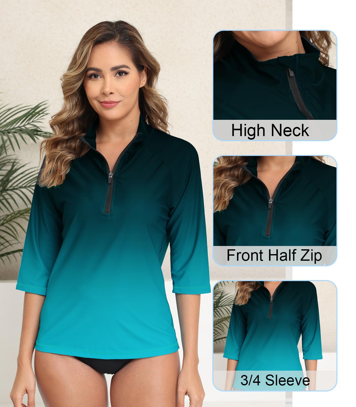 Halcurt Women's 3/4 Sleeve Rash Guard Swimsuit Top High Neck Half Zip Swim Shirt Only UPF50+ Quick Dry Bathing Suit Ombre M