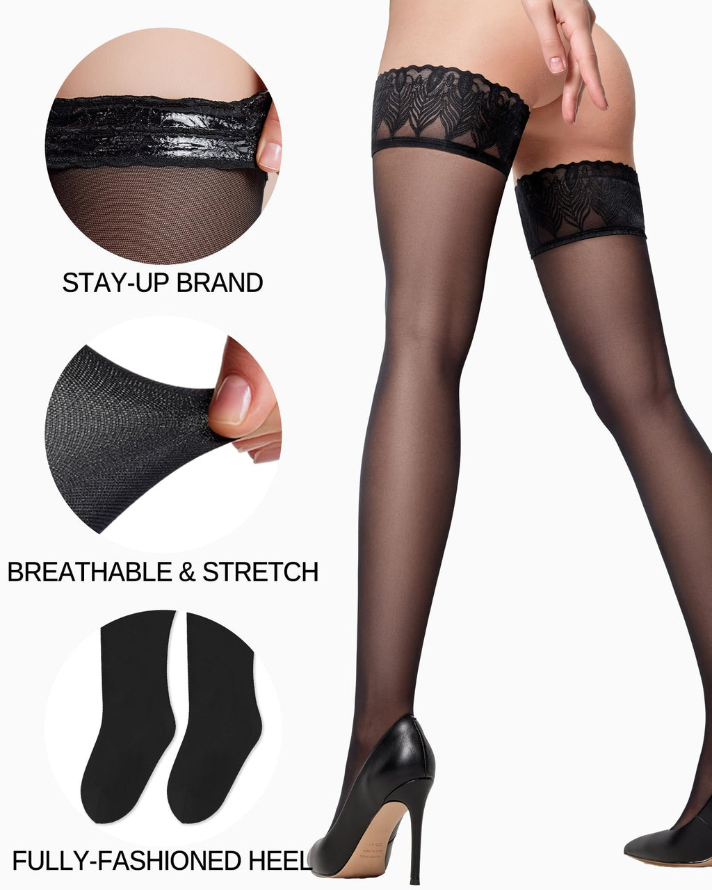 LABELLA Thigh High Stockings for Women, Lace Top Silky Stay Up, Lightweight Semi Sheer, Fits Various Thigh Sizes,S-XL