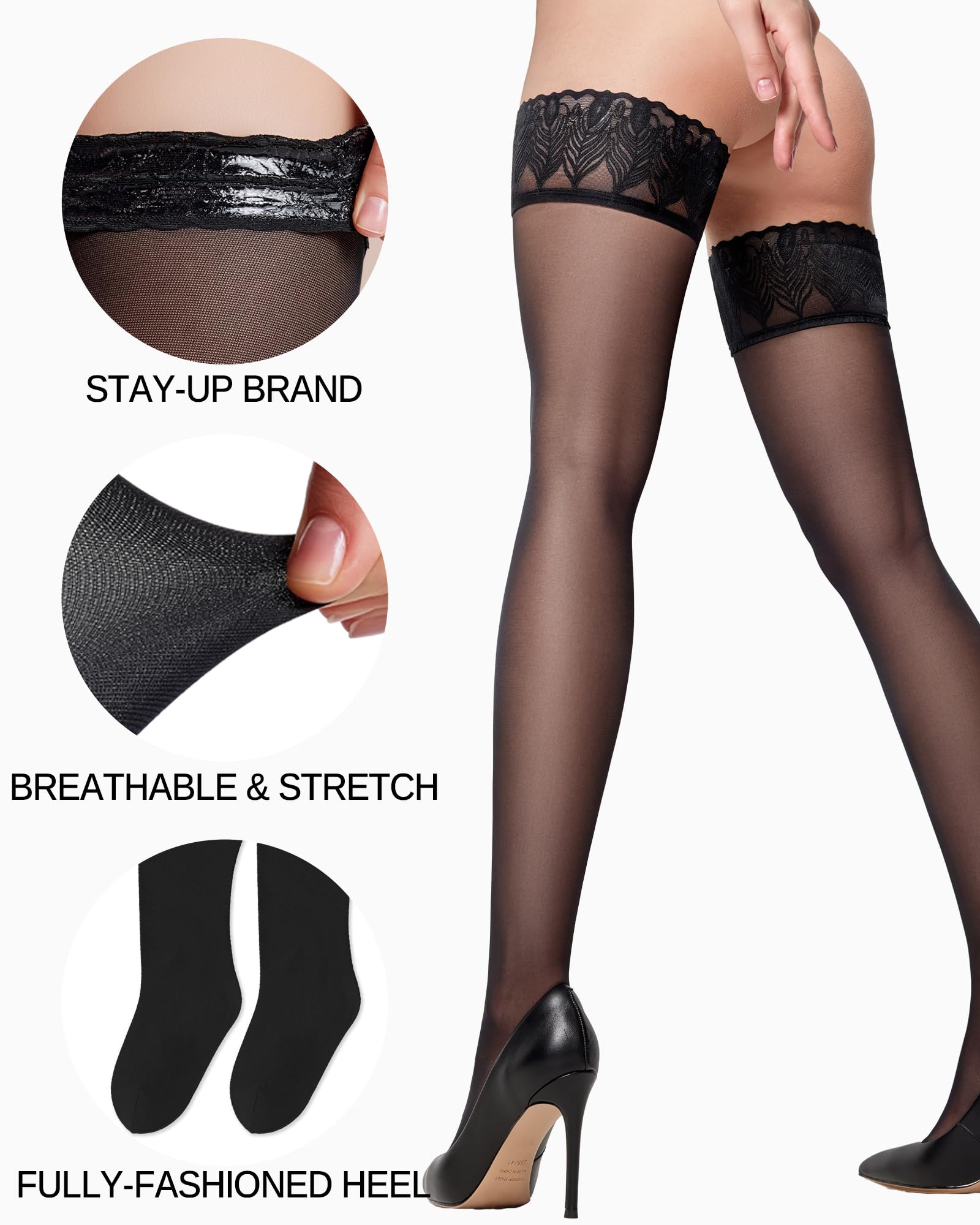 LABELLA Thigh High Stockings for Women, Lace Top Silky Stay Up, Lightweight Semi Sheer, Fits Various Thigh Sizes,S-XL