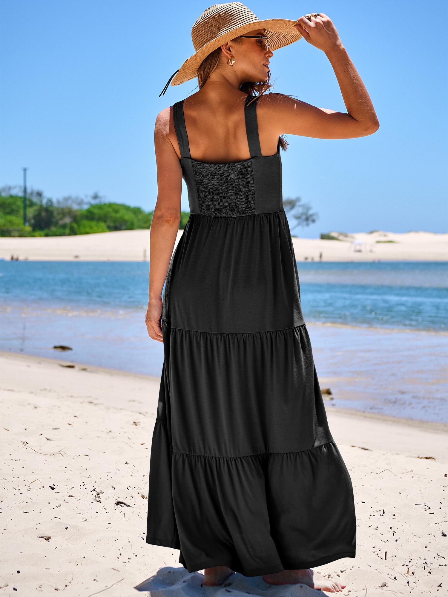 ANRABESS Women's Summer Casual Long Maxi Beach Vacation Dresses Sleeveless Square Neck Flowy Tiered Sun Dress with Pockets Black Large