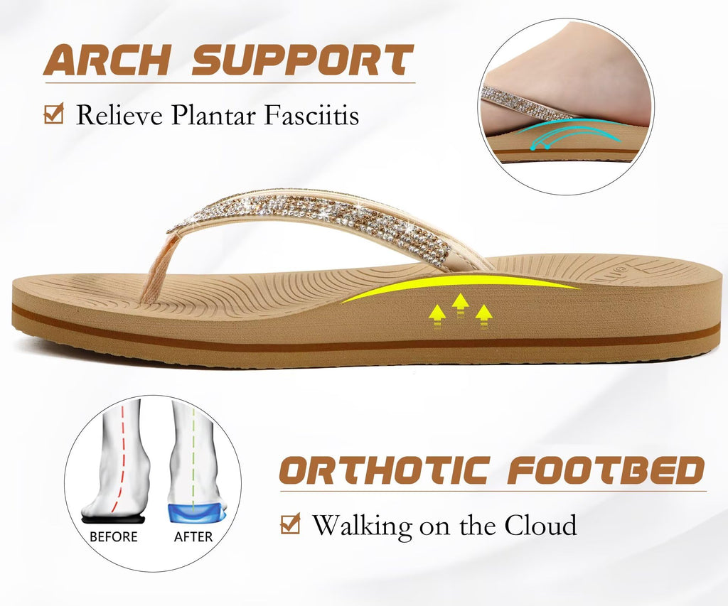 KuaiLu Women's Rhinestone Flip Flops with Comfort Arch Support Yoga Mat Cushion Sandals Fashion Summer Beach Travel Walking Thong Orthopedic Sandles Slip on Plantar Fasciitis Beige 6