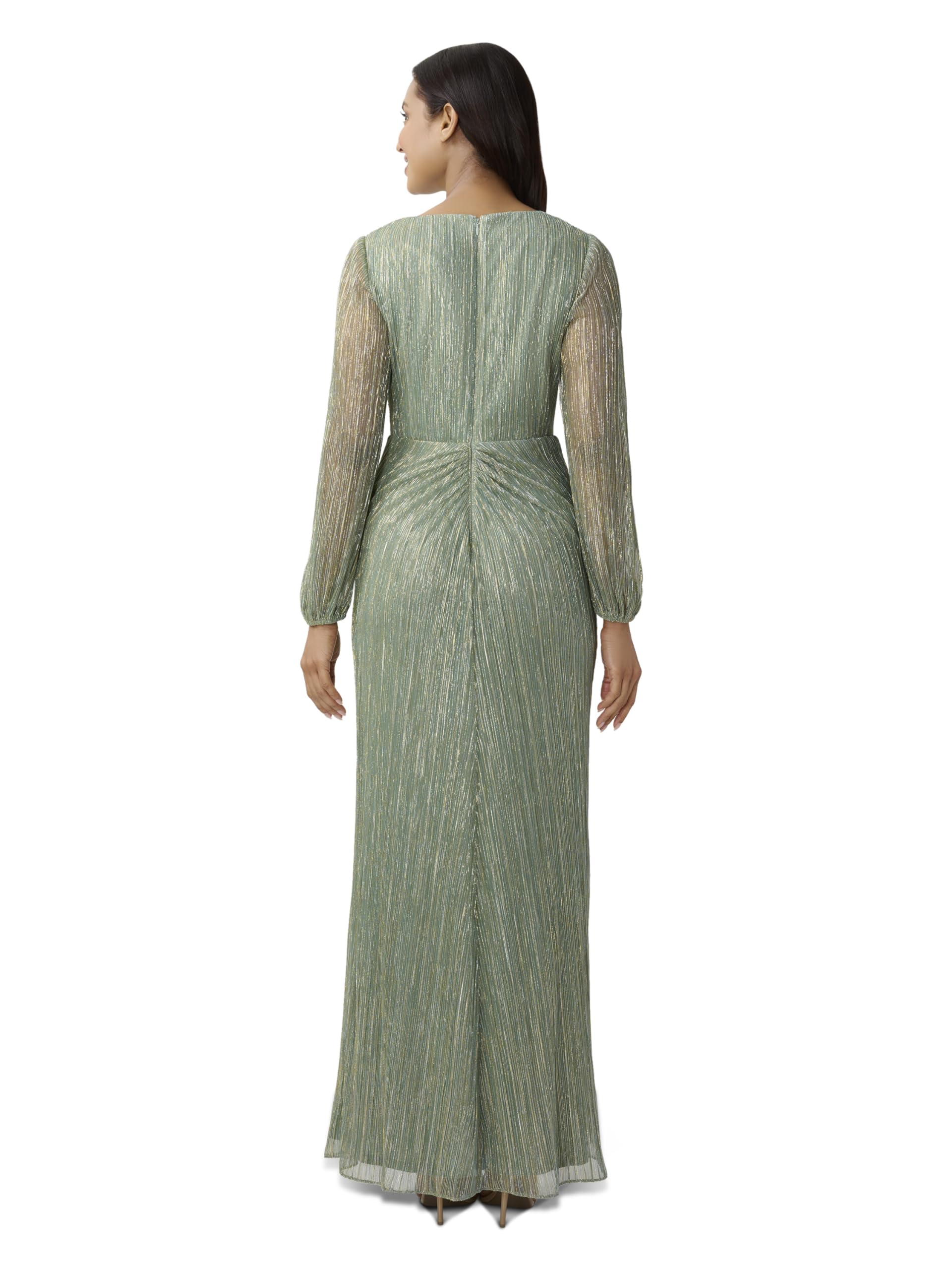 Adrianna Papell Long Sleeve Crinkle Metallic Gown with Draped Waist Detail Green Slate 4