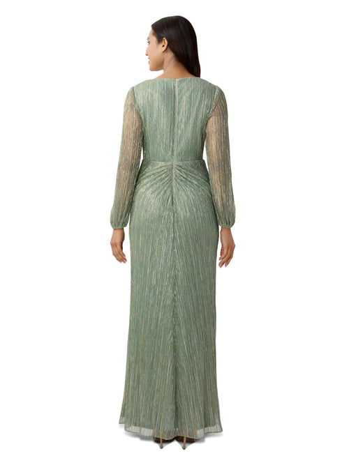 Adrianna Papell Long Sleeve Crinkle Metallic Gown with Draped Waist Detail Green Slate 4